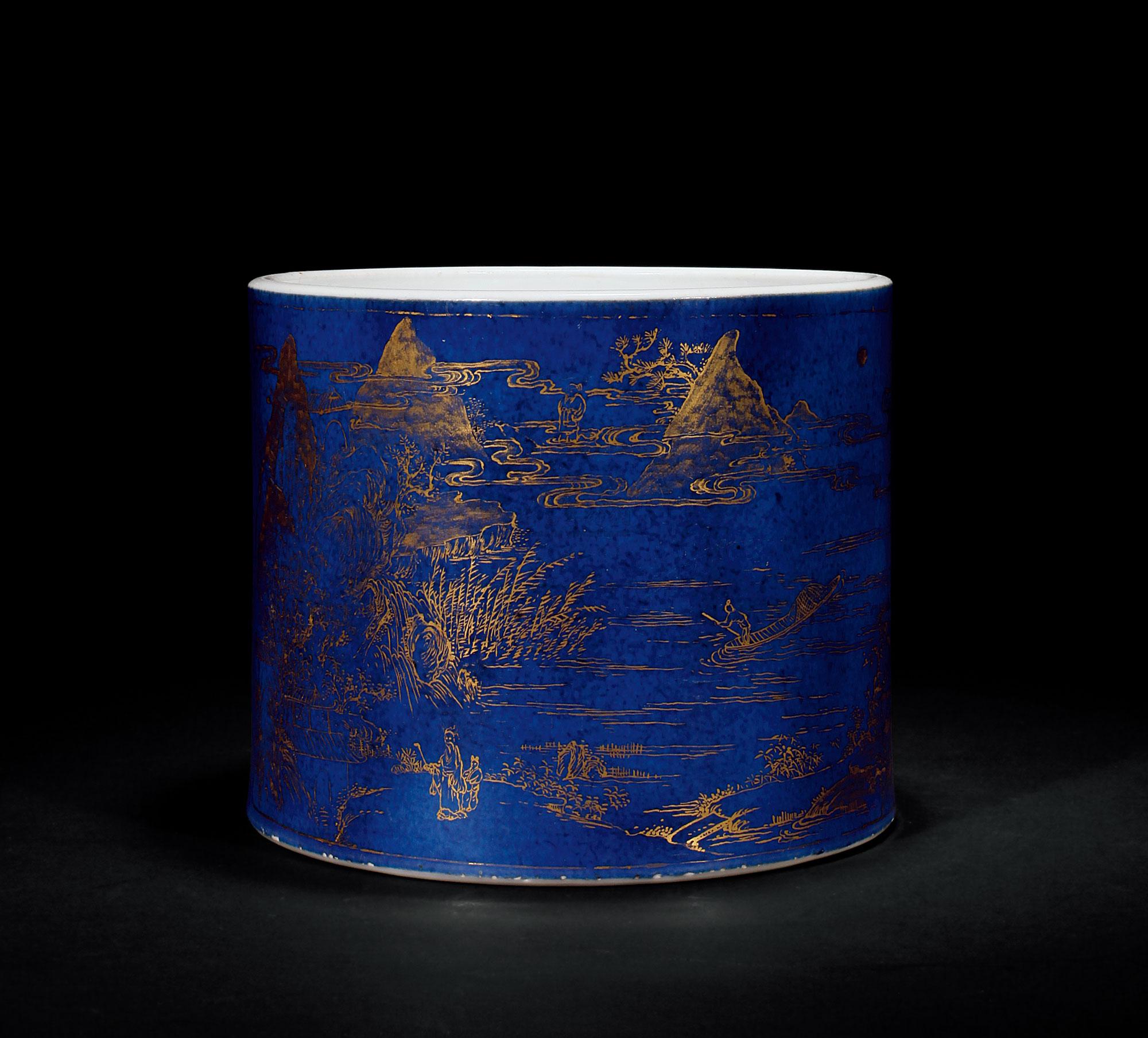【清康熙 洒蓝描金山水纹笔筒】拍卖品_图片_价格_鉴赏_清代单色釉