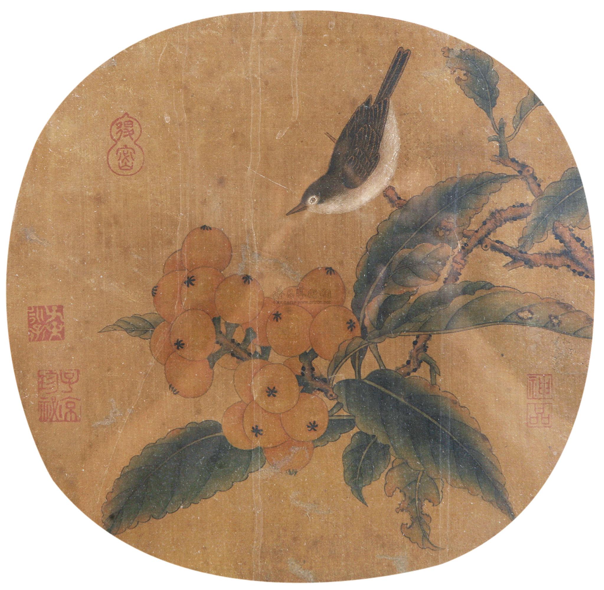 3007琵琶山鸟图成扇设色纸本