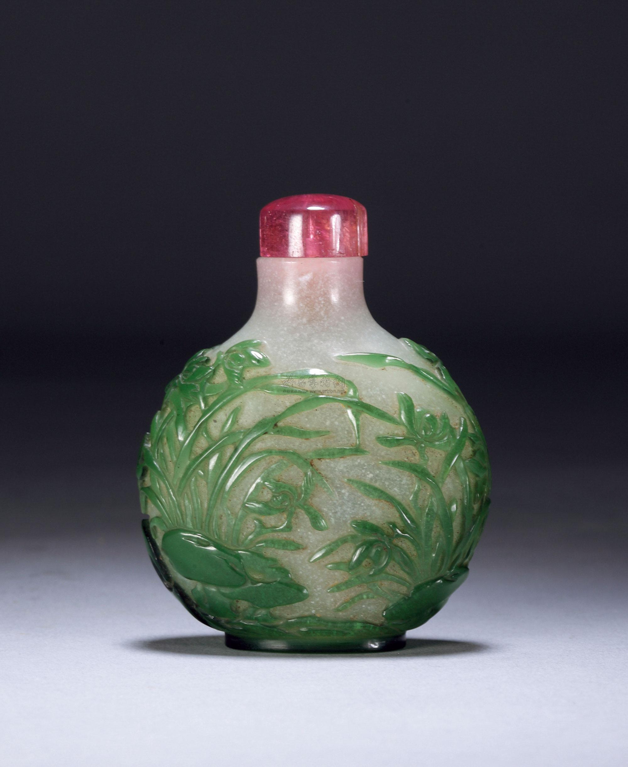 【清中期 雪地套绿色料兰花鼻烟壶】拍卖品_图片_价格_鉴赏_料器类