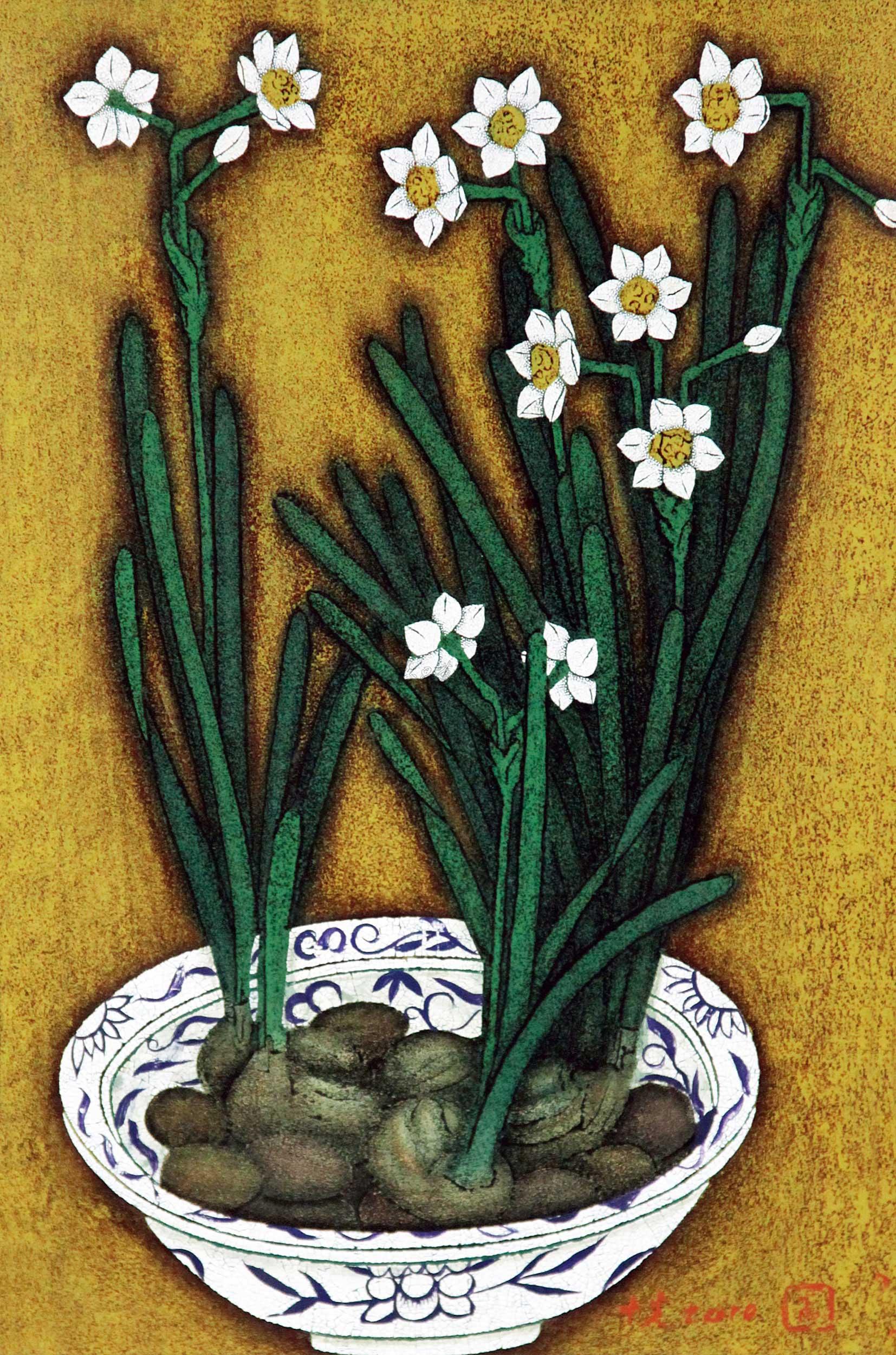 80662010年作水仙漆画木板