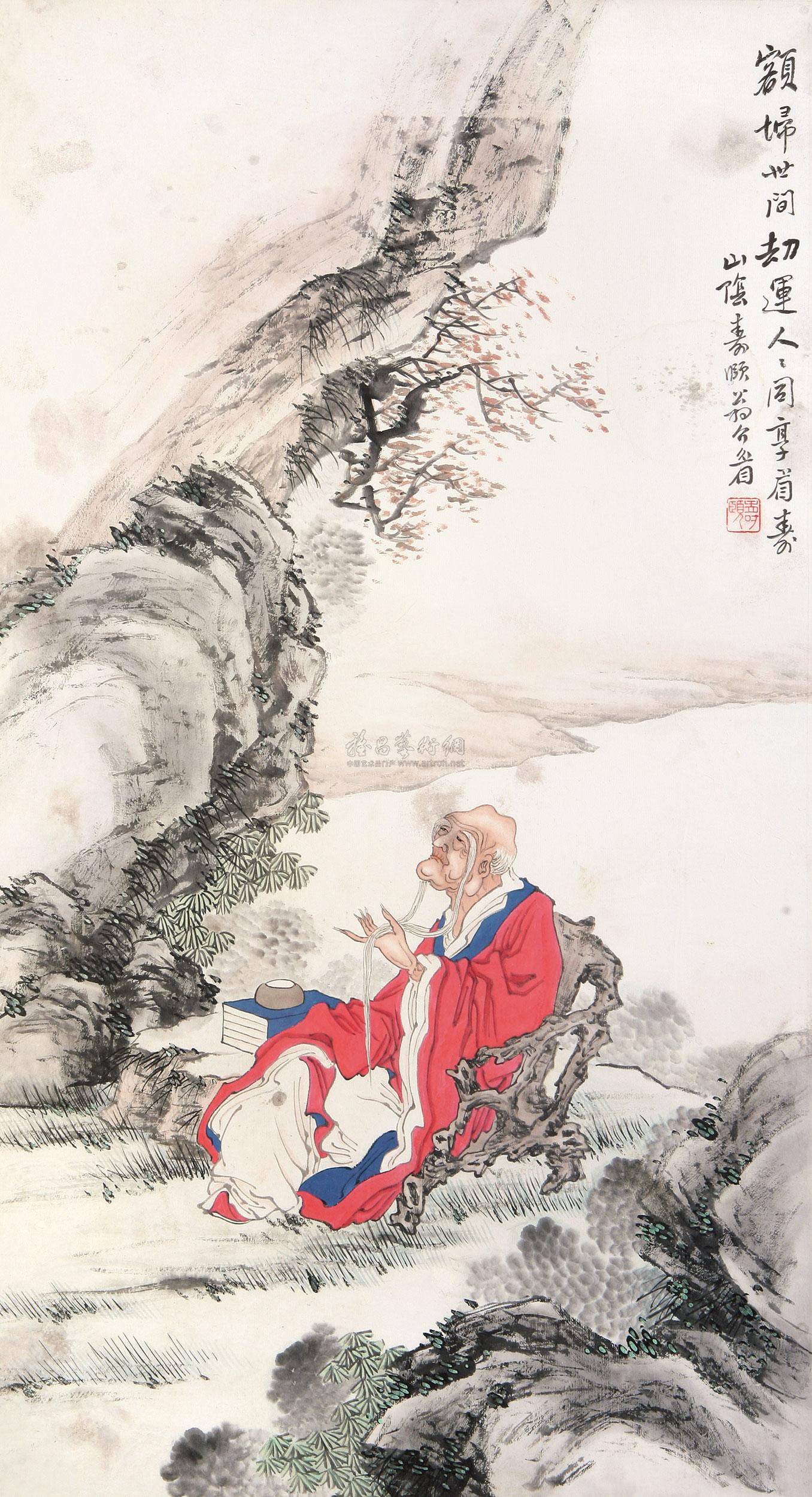 2038 长眉罗汉 镜框 设色纸本
