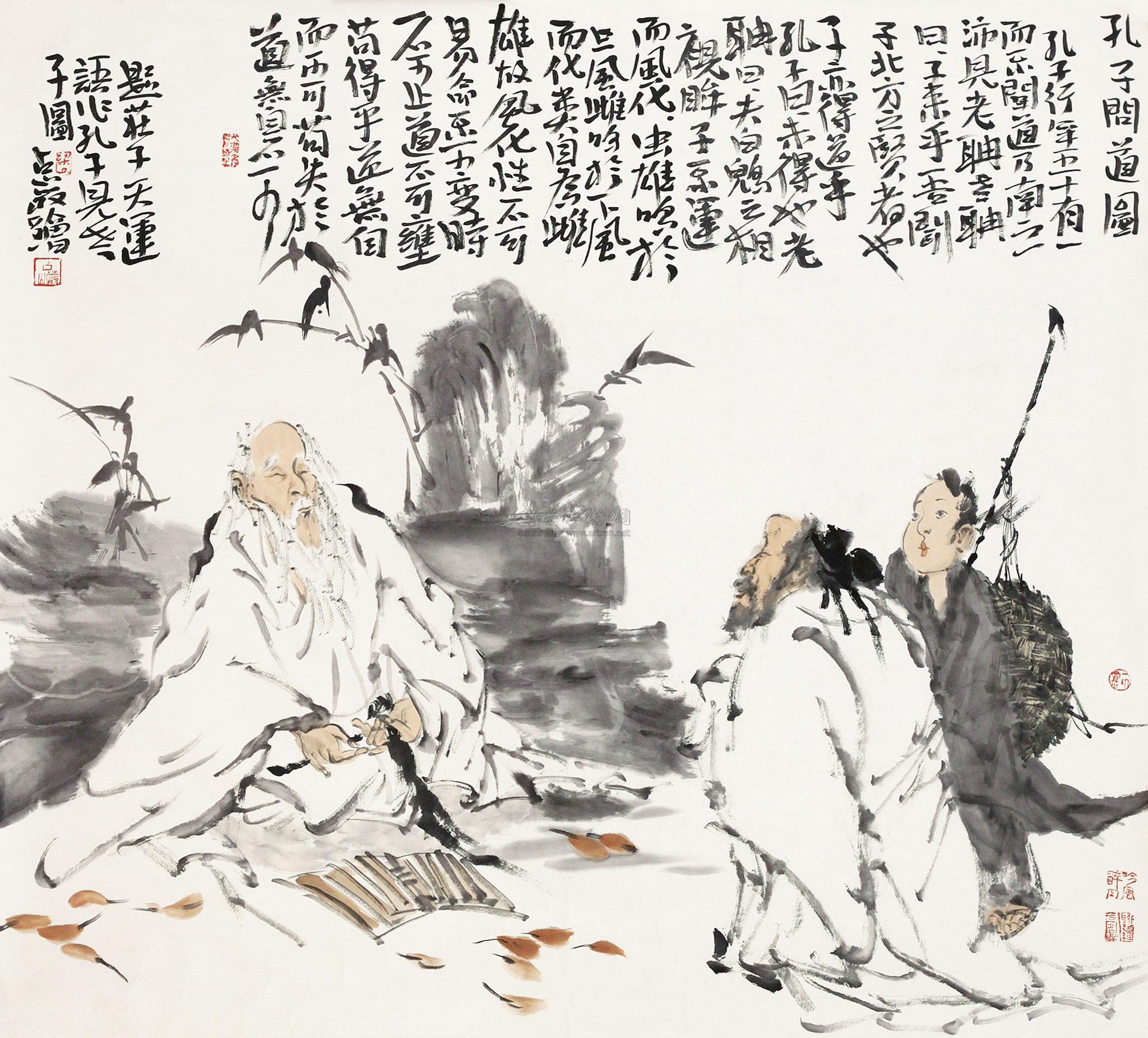 0135孔子问道图托片设色纸本