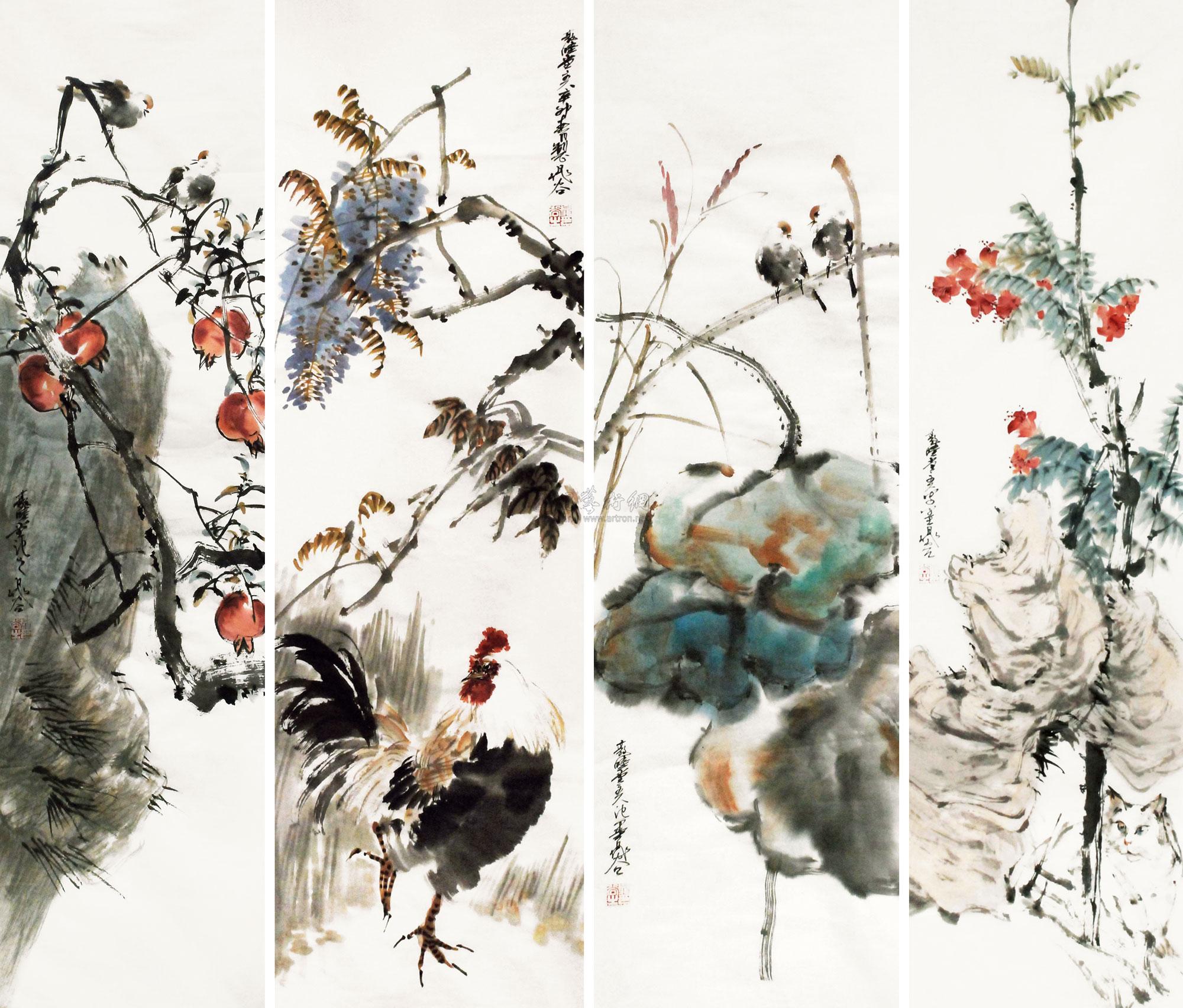 0790 花鸟 四条屏 设色纸本