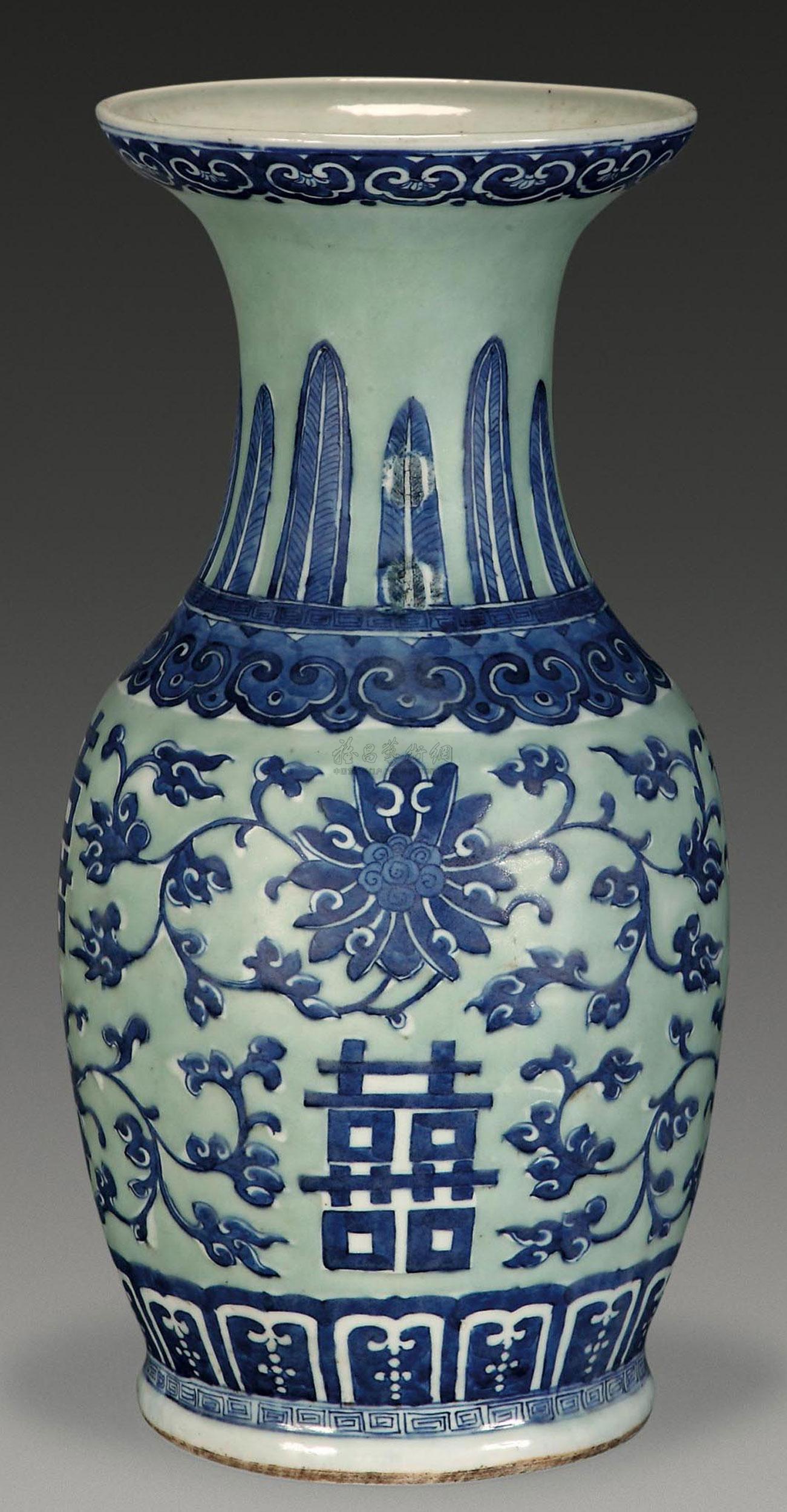 【清光绪 豆青青花双喜字瓶】拍卖品_图片_价格_鉴赏_清代青花瓷器