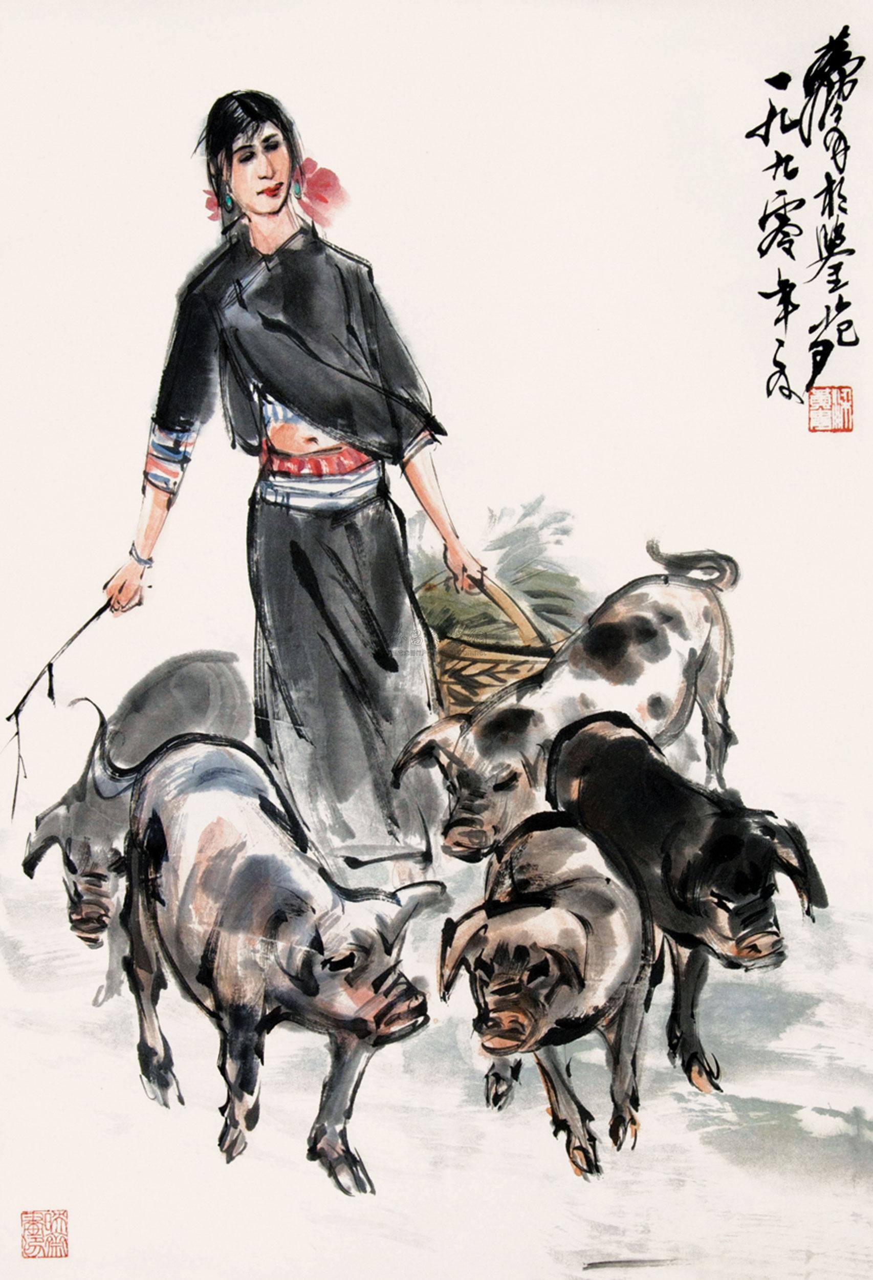 0159喂猪图立轴纸本