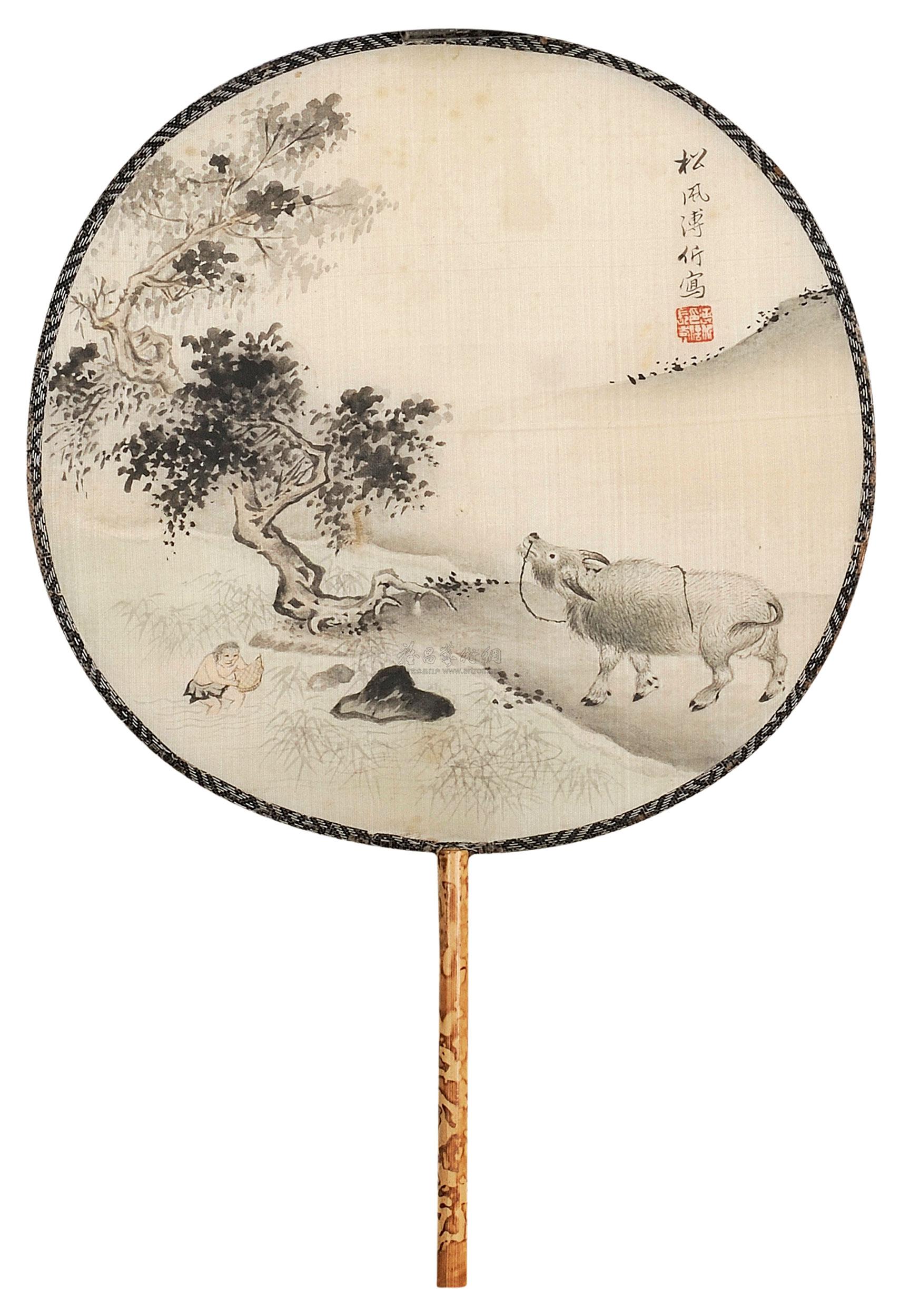 0301牧牛图团扇绢本设色