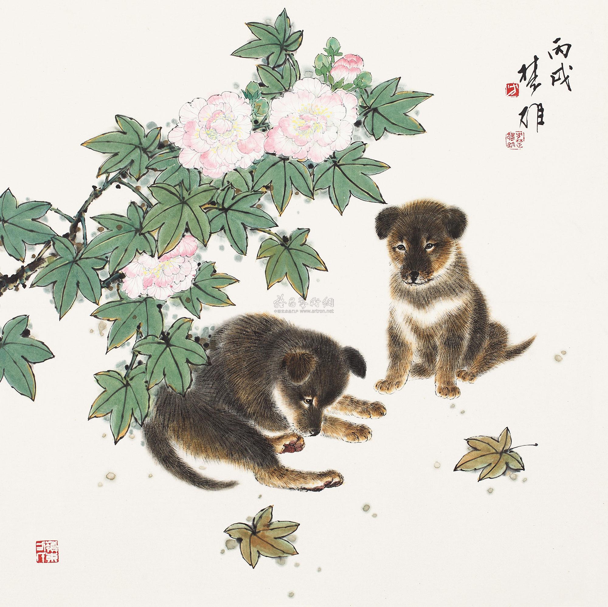 0208双狗图镜心设色纸本