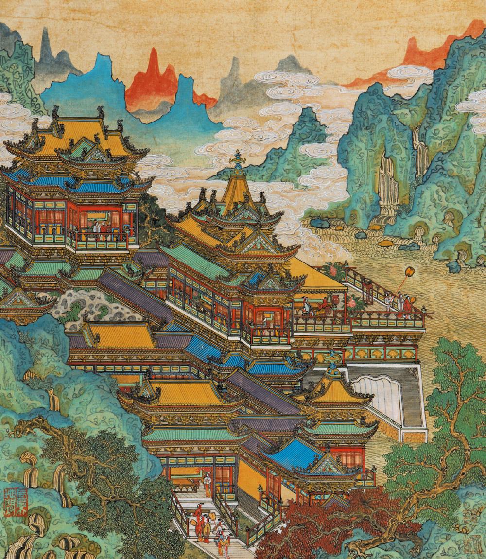 0573界画楼阁镜框设色纸本