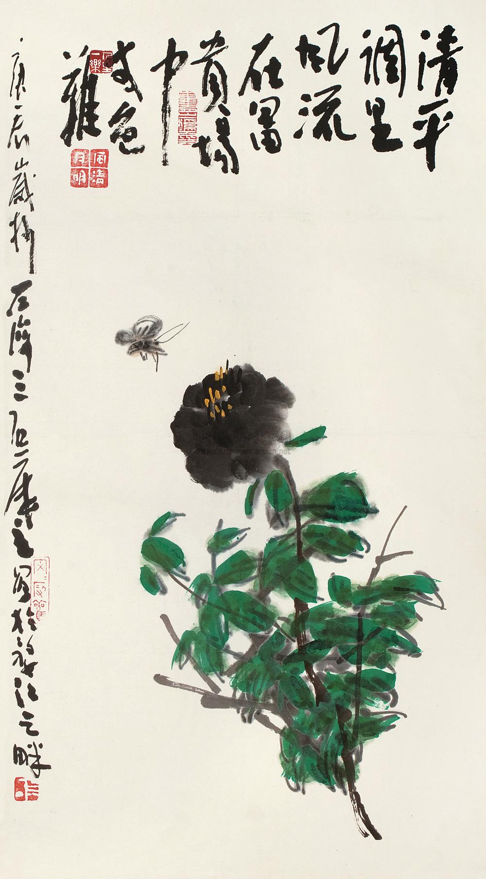 0754庚辰2000年作黑牡丹镜心纸本