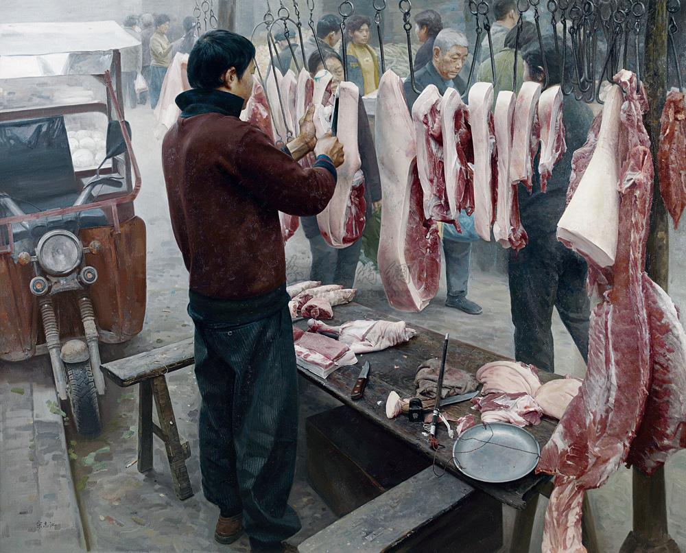 55722010年作卖猪肉的小贩布面油画