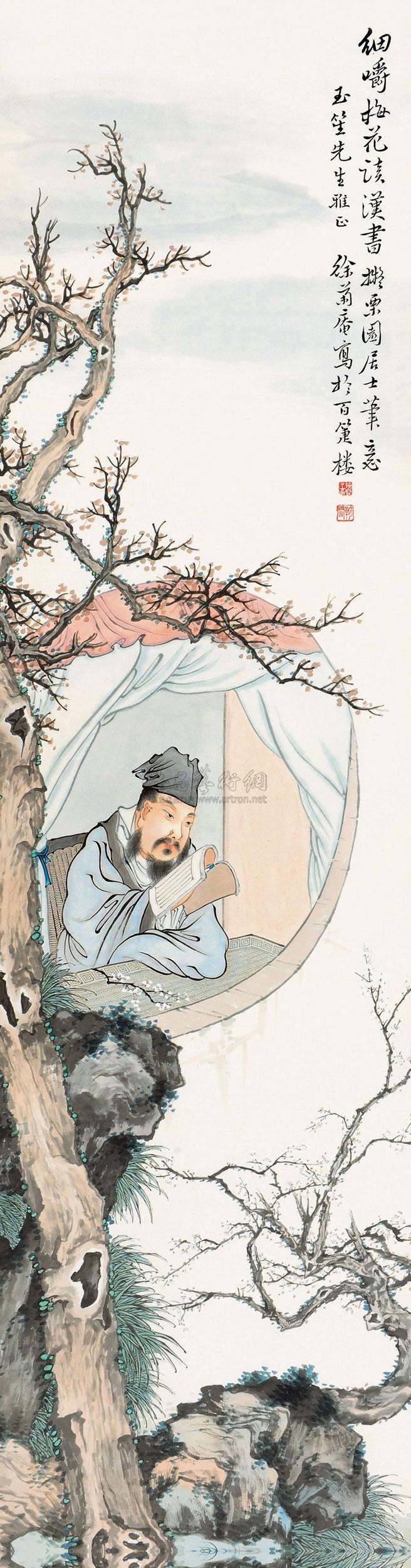 0398寒窗闲读立轴设色纸本