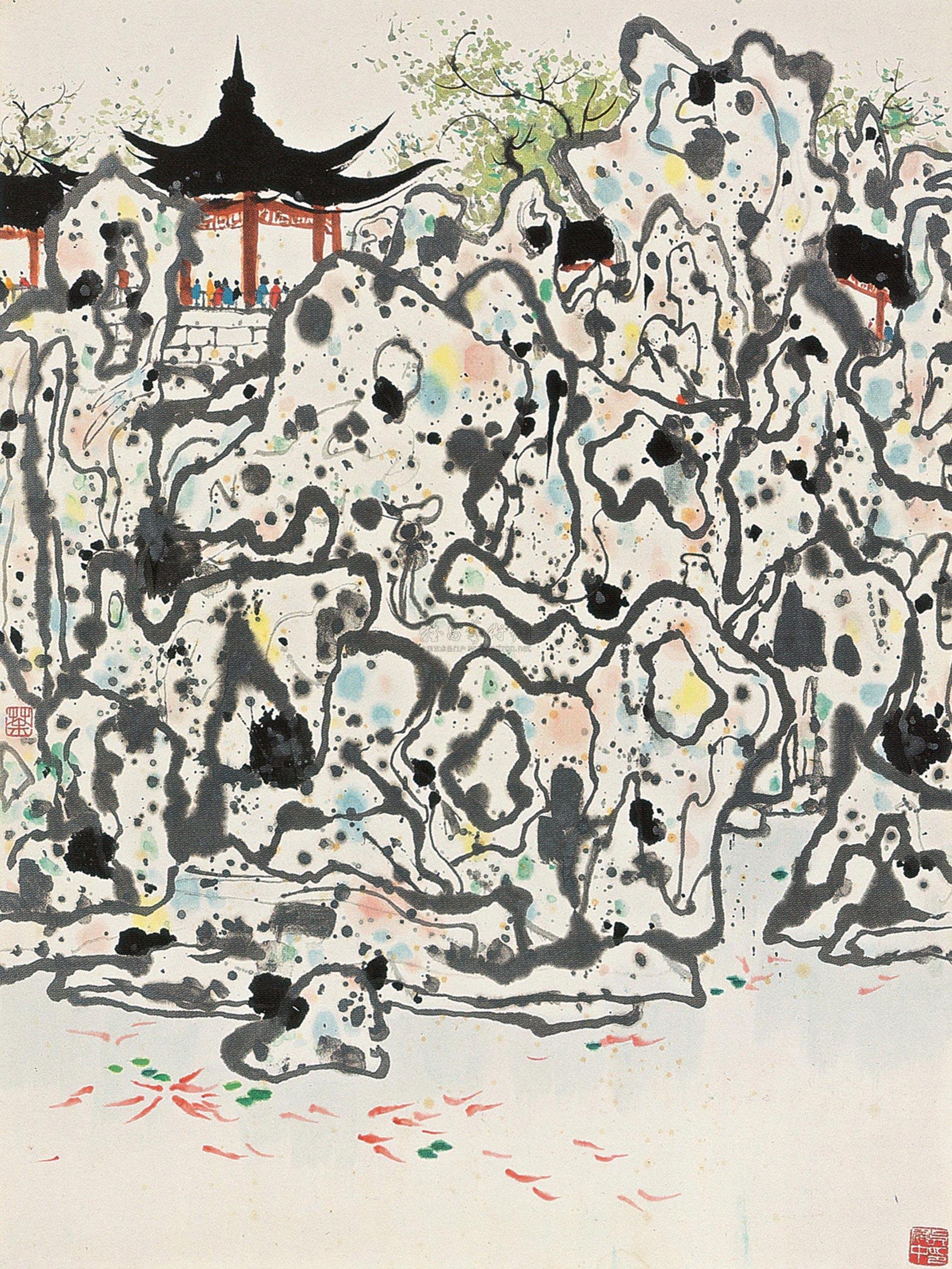 1525 太湖石 镜框 设色纸本