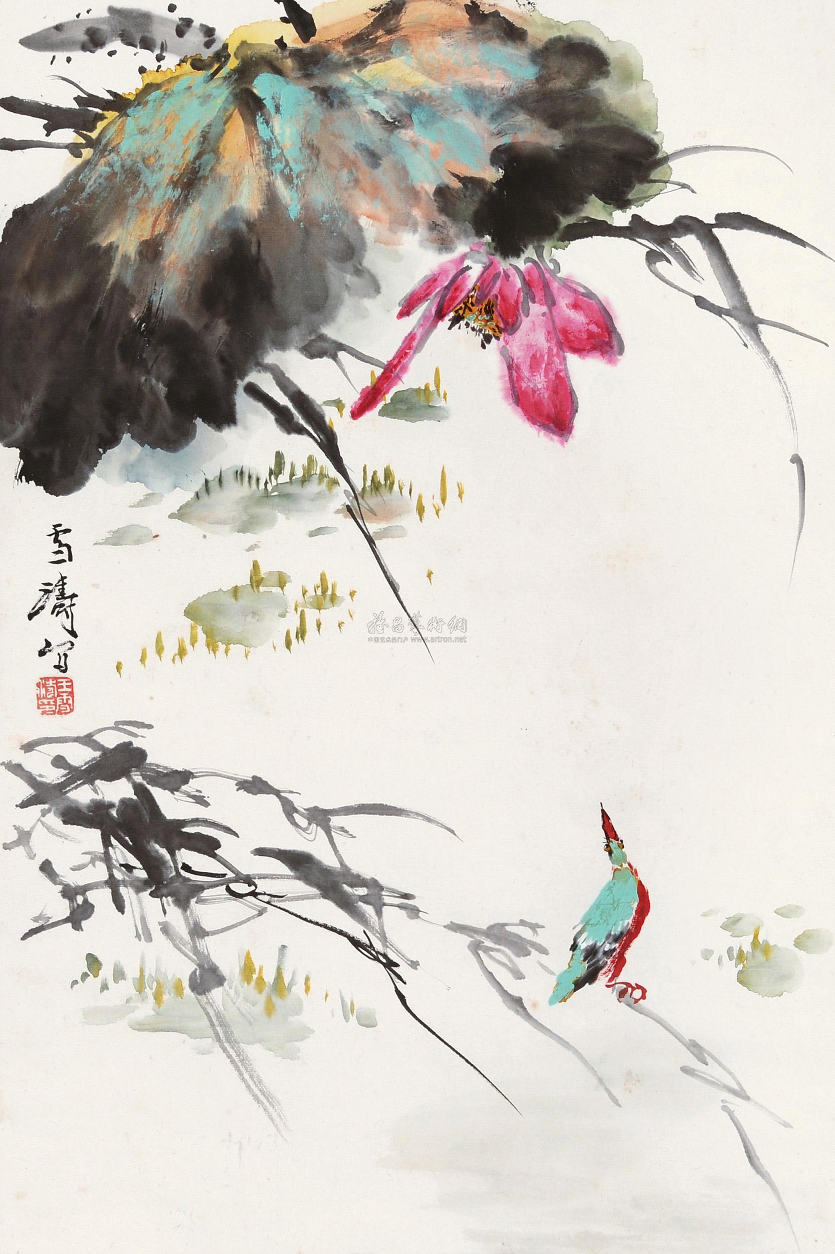 0004荷花翠鸟立轴设色纸本