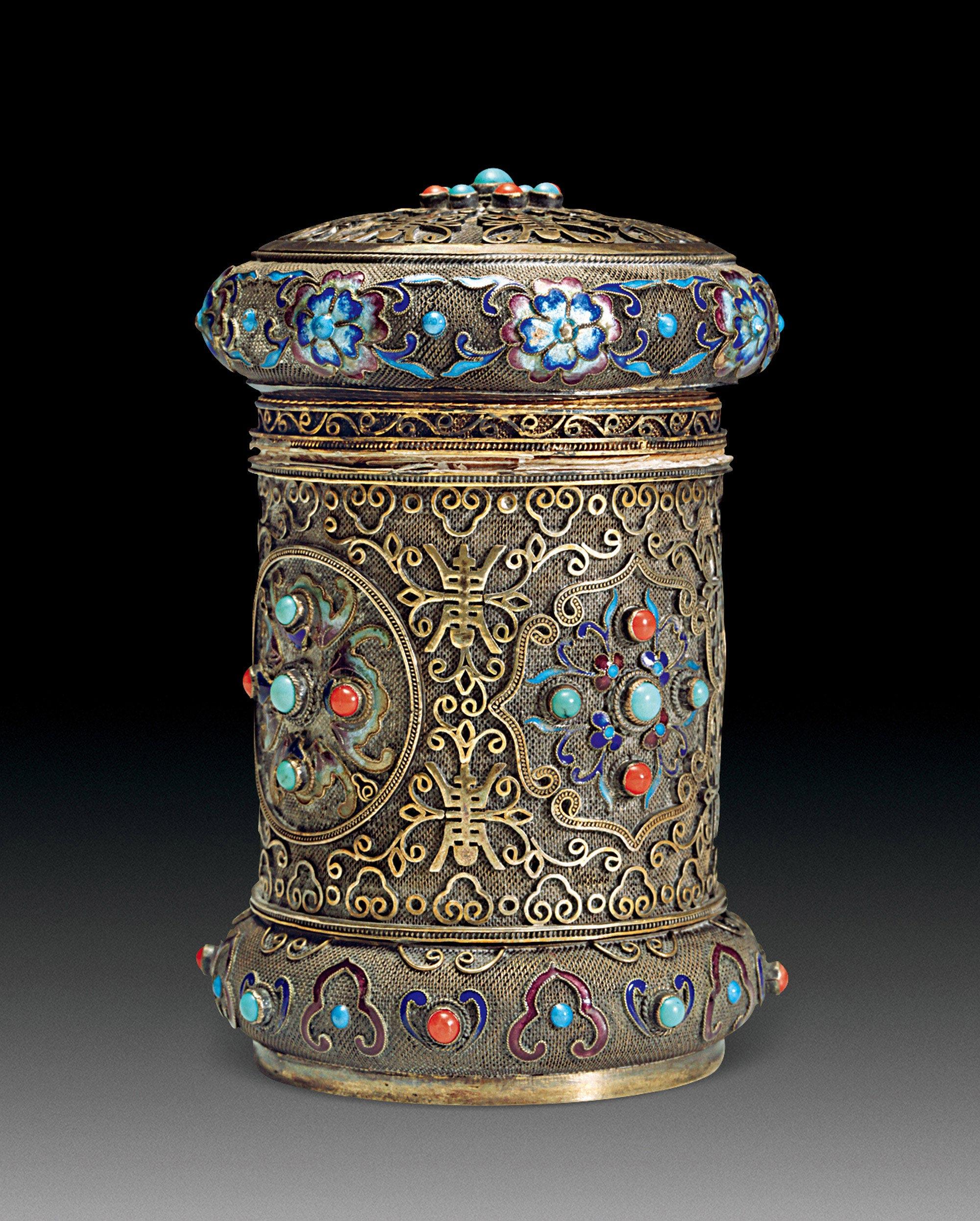 银胎掐丝烧蓝鎏金茶叶罐】拍卖品_图片_价格_鉴赏_金银琉璃珐琅器