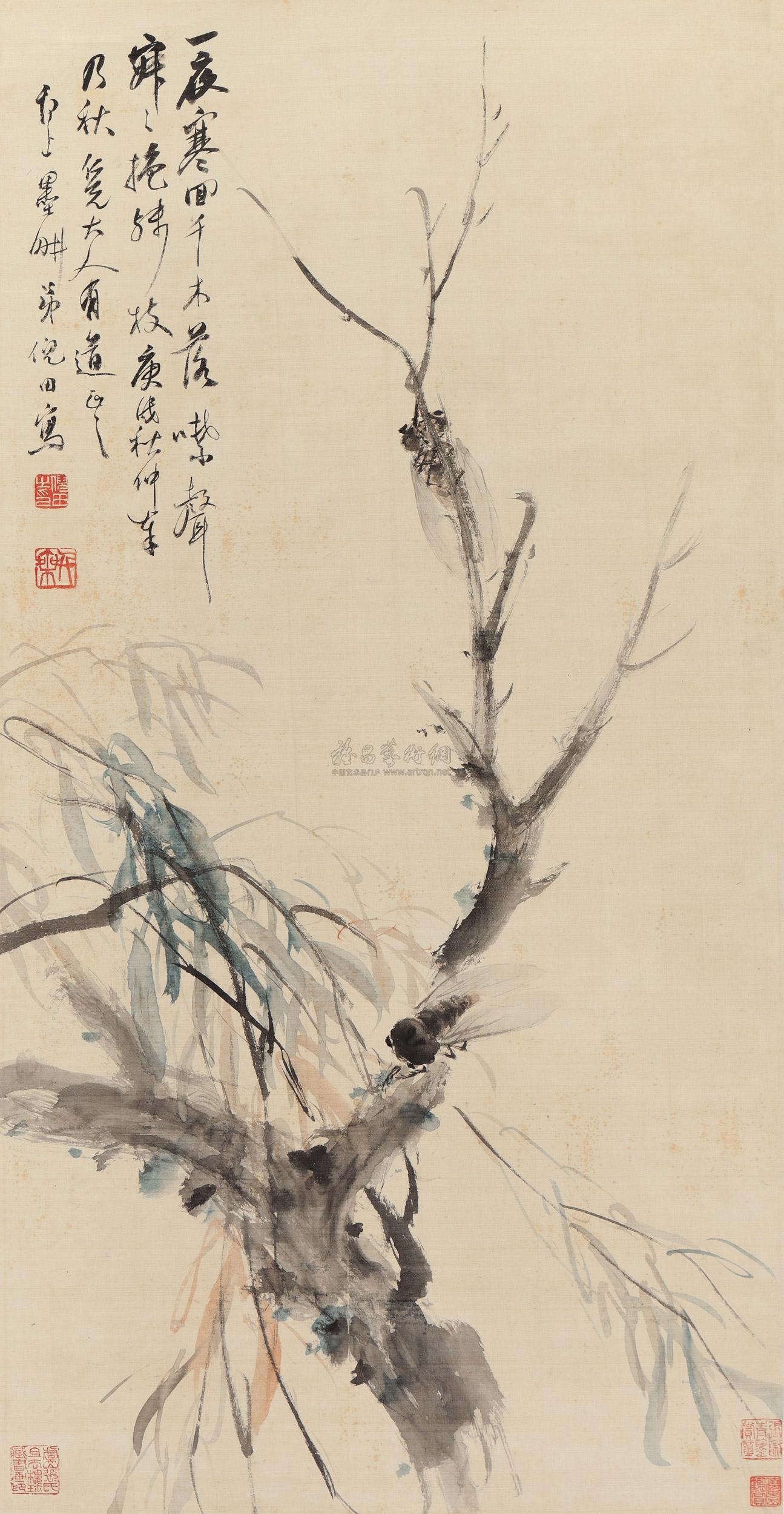 0135 庚戌(1910年)作 秋柳鸣蝉 立轴 设色纸本