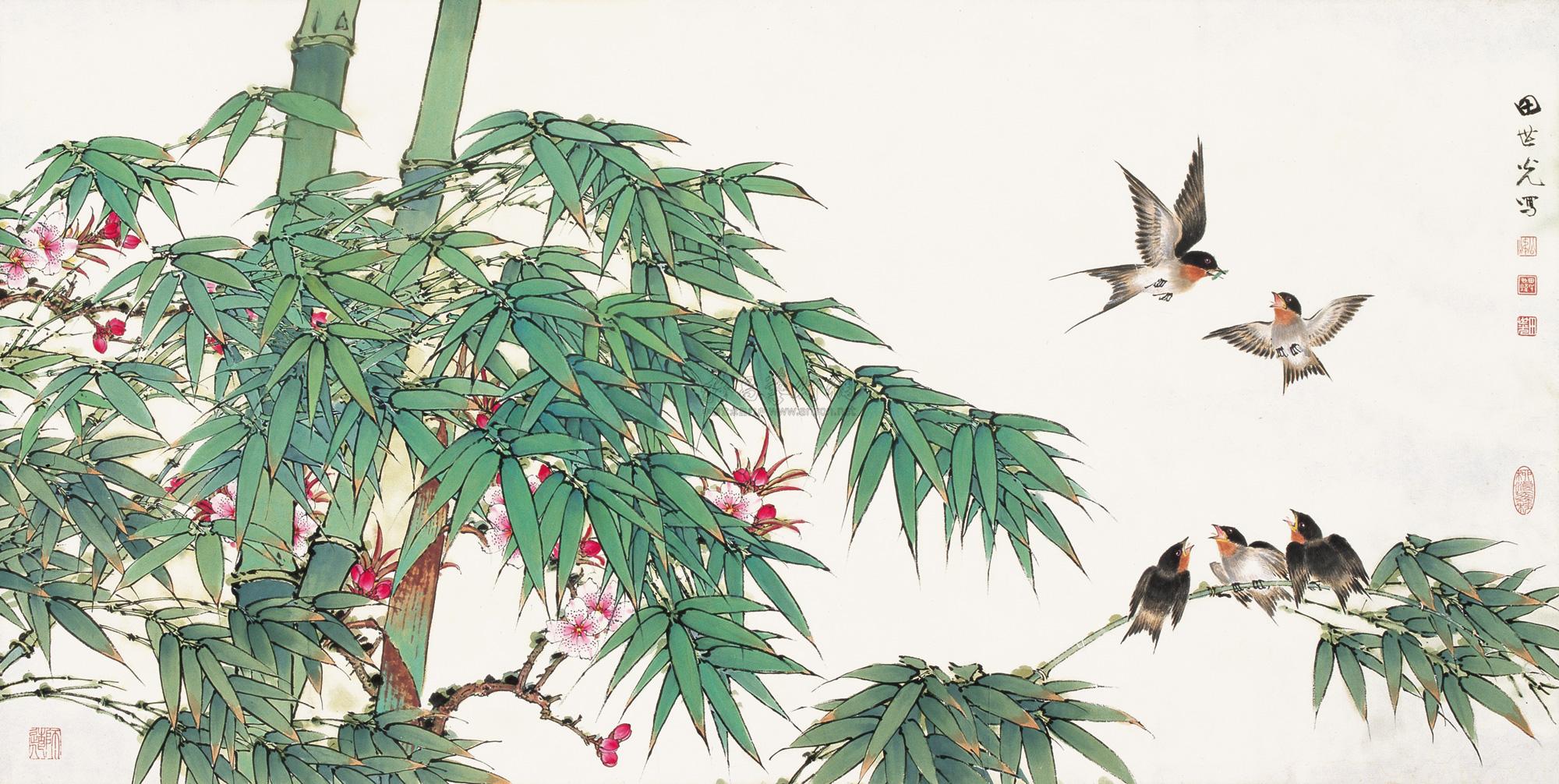1373竹雀图横幅镜心设色纸本
