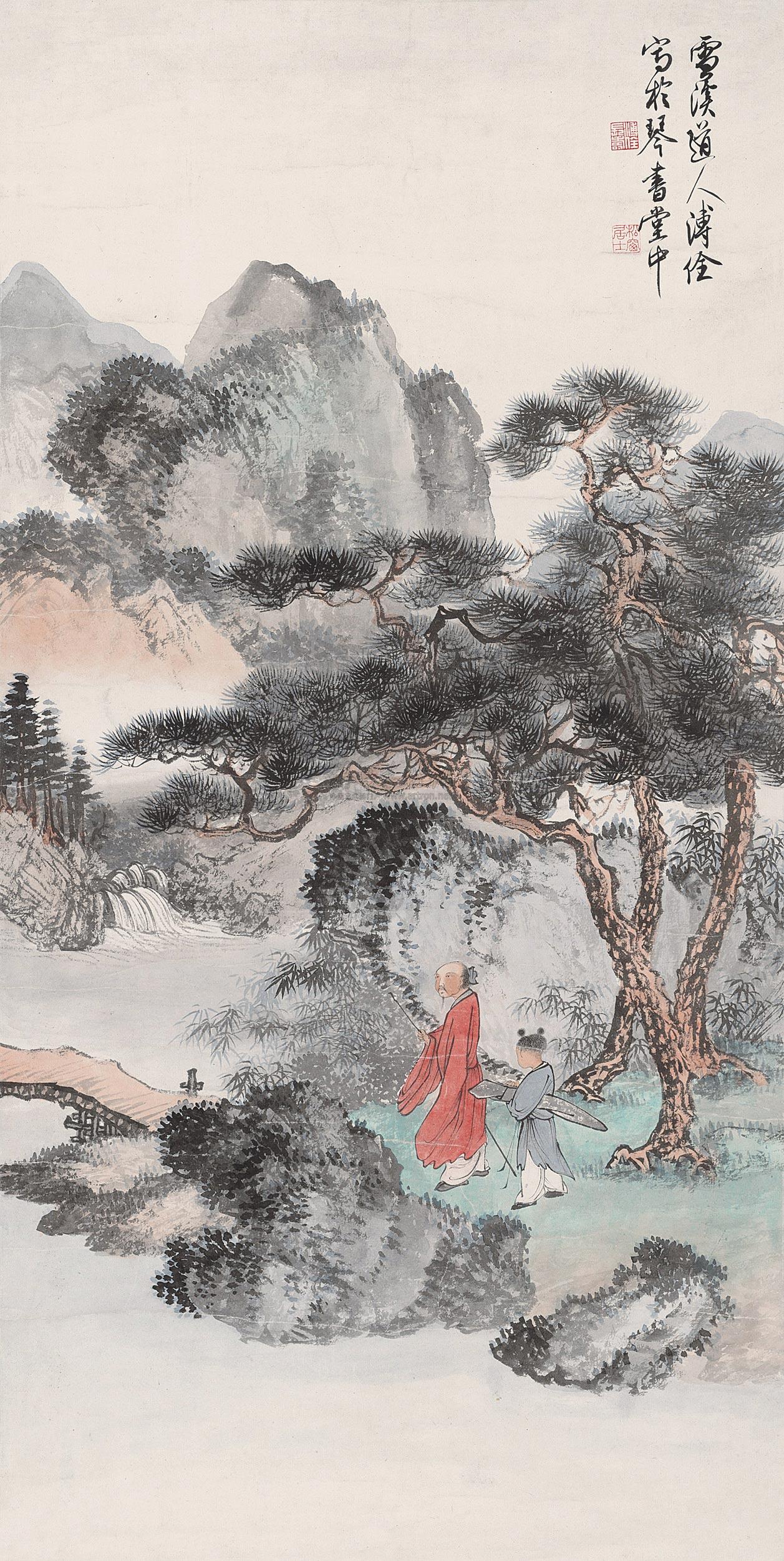 0135携琴访友图镜心纸本