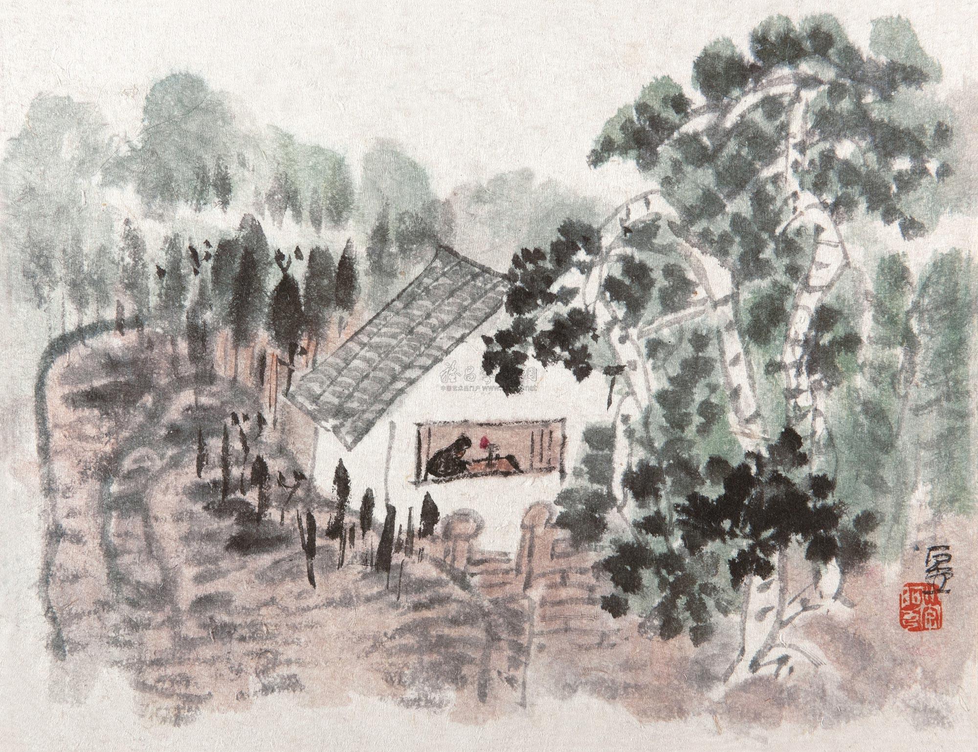 1175山村夜读镜心设色纸本