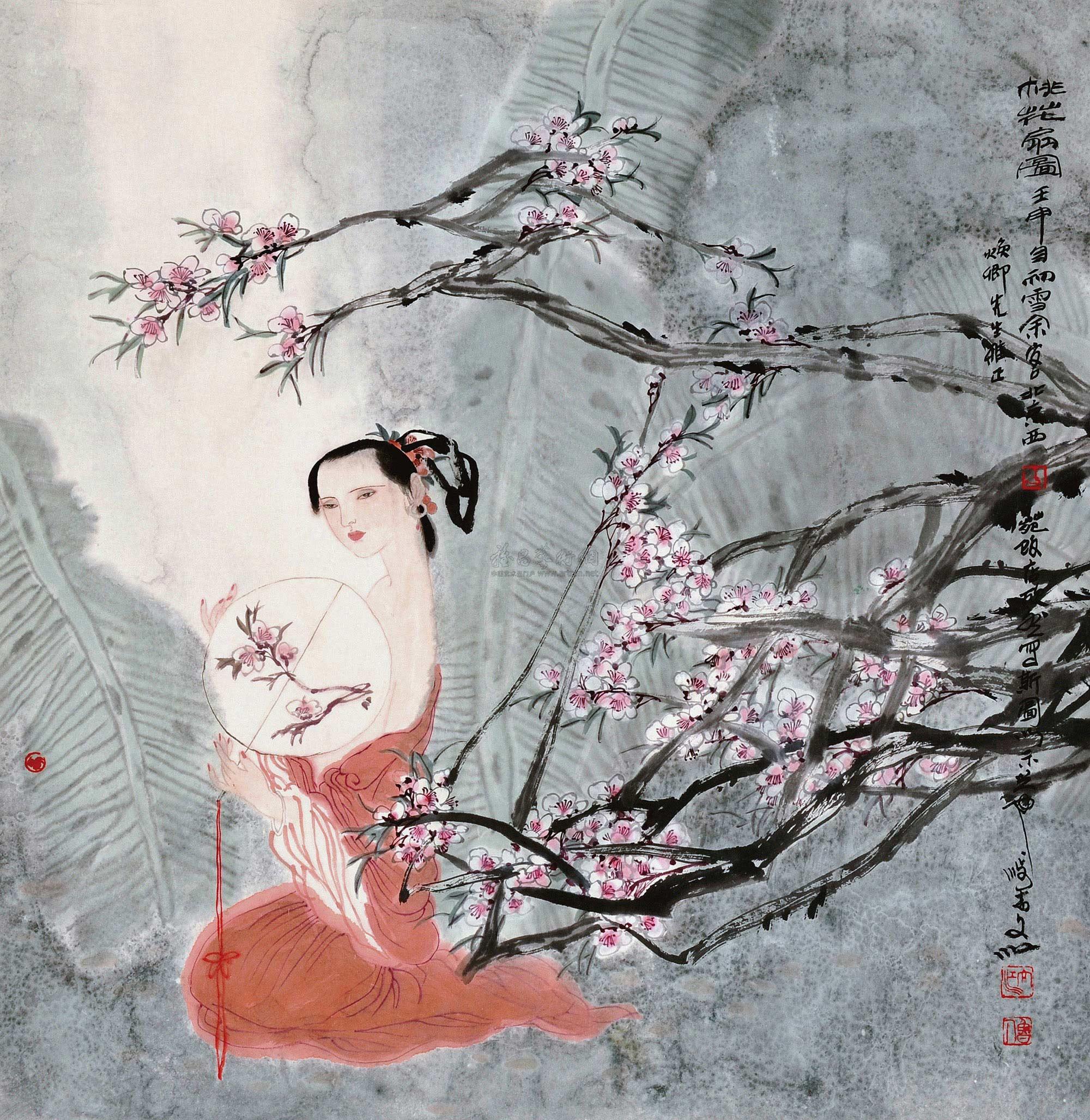 【1992年作 桃花扇图 镜片 设色纸本】拍卖品_图片_价格_鉴赏_绘画
