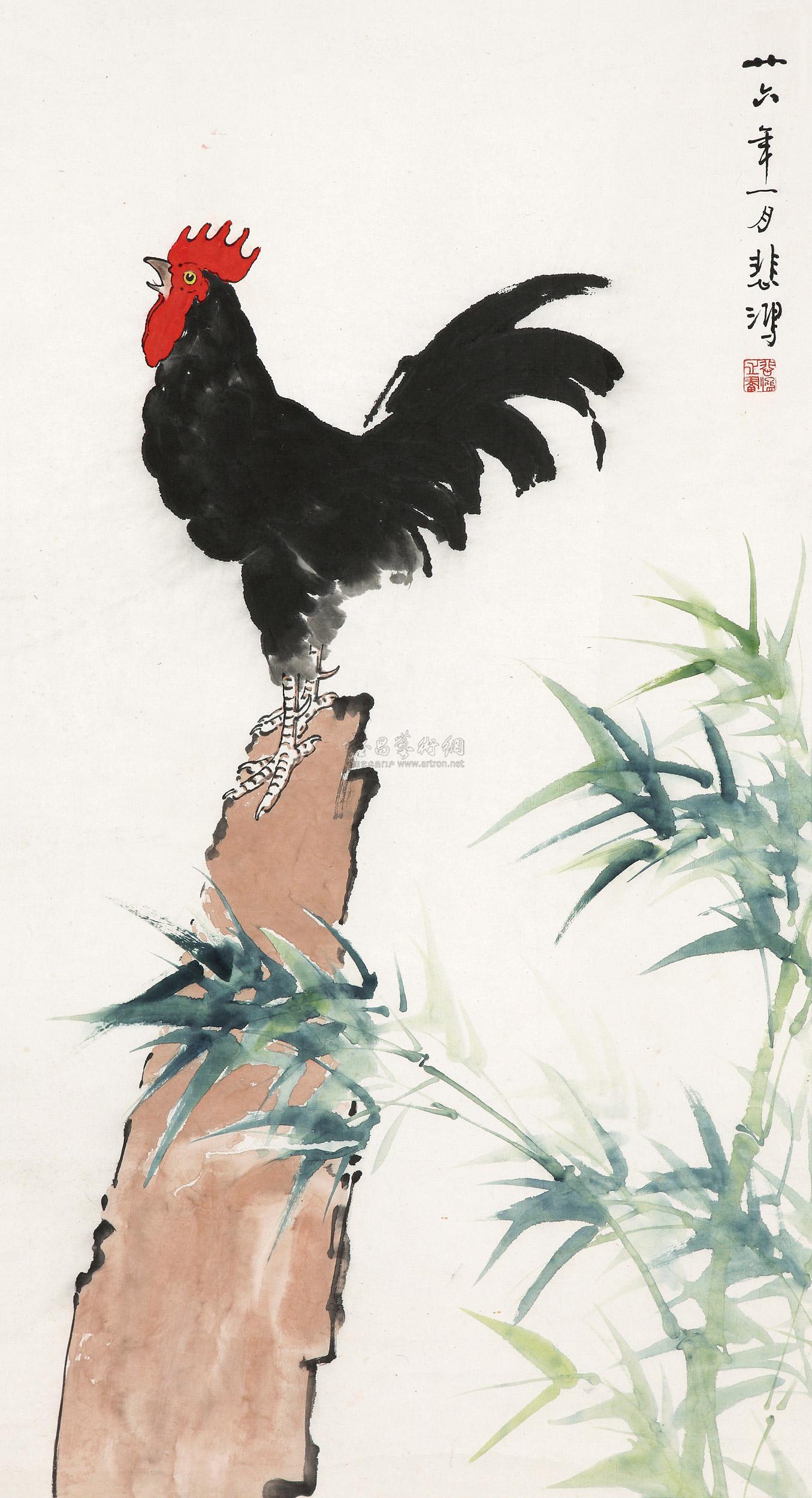 0441雄鸡一唱天下白立轴设色纸本