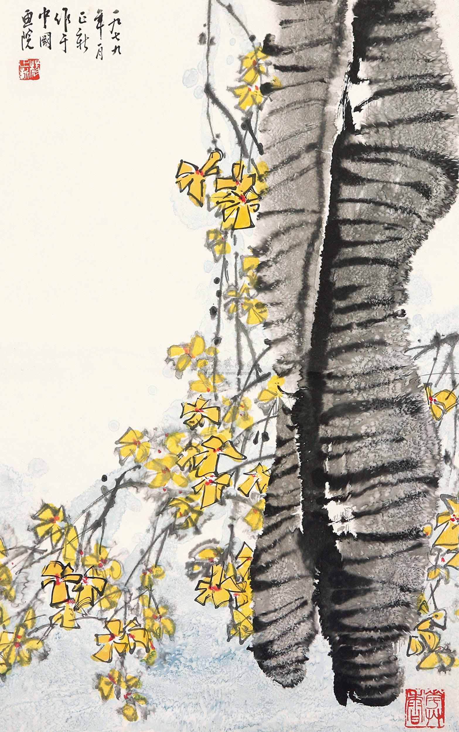 0484 画芭蕉迎春 立轴 设色纸本