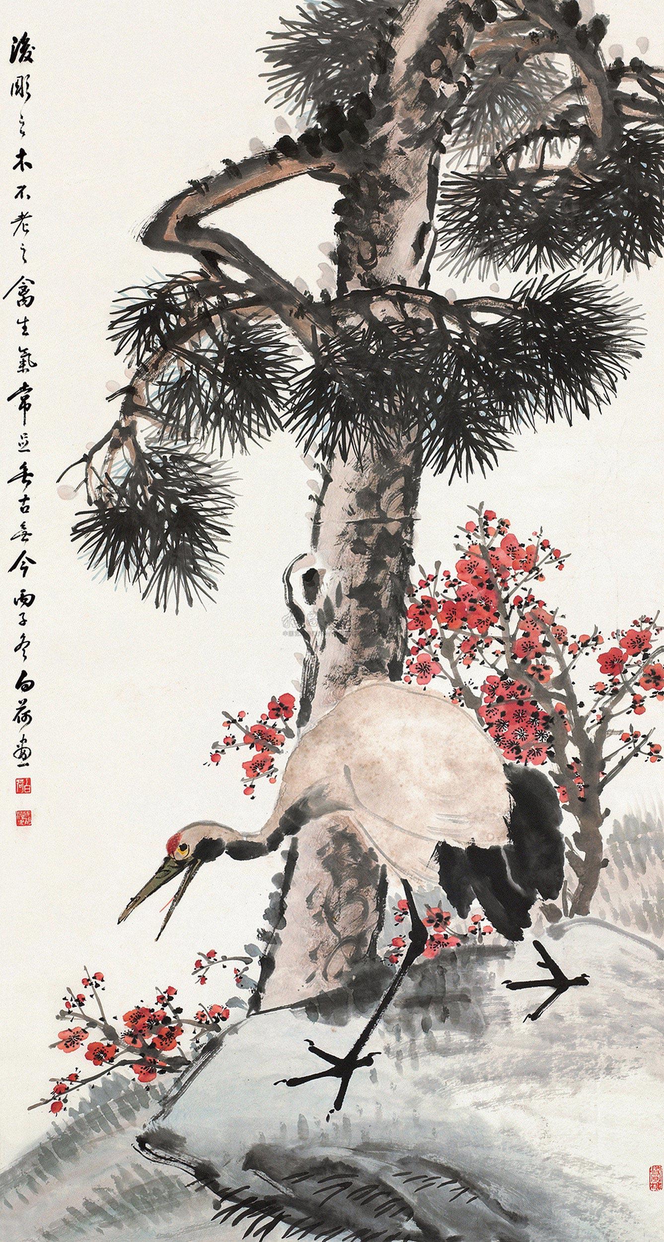 0168松鹤图立轴纸本