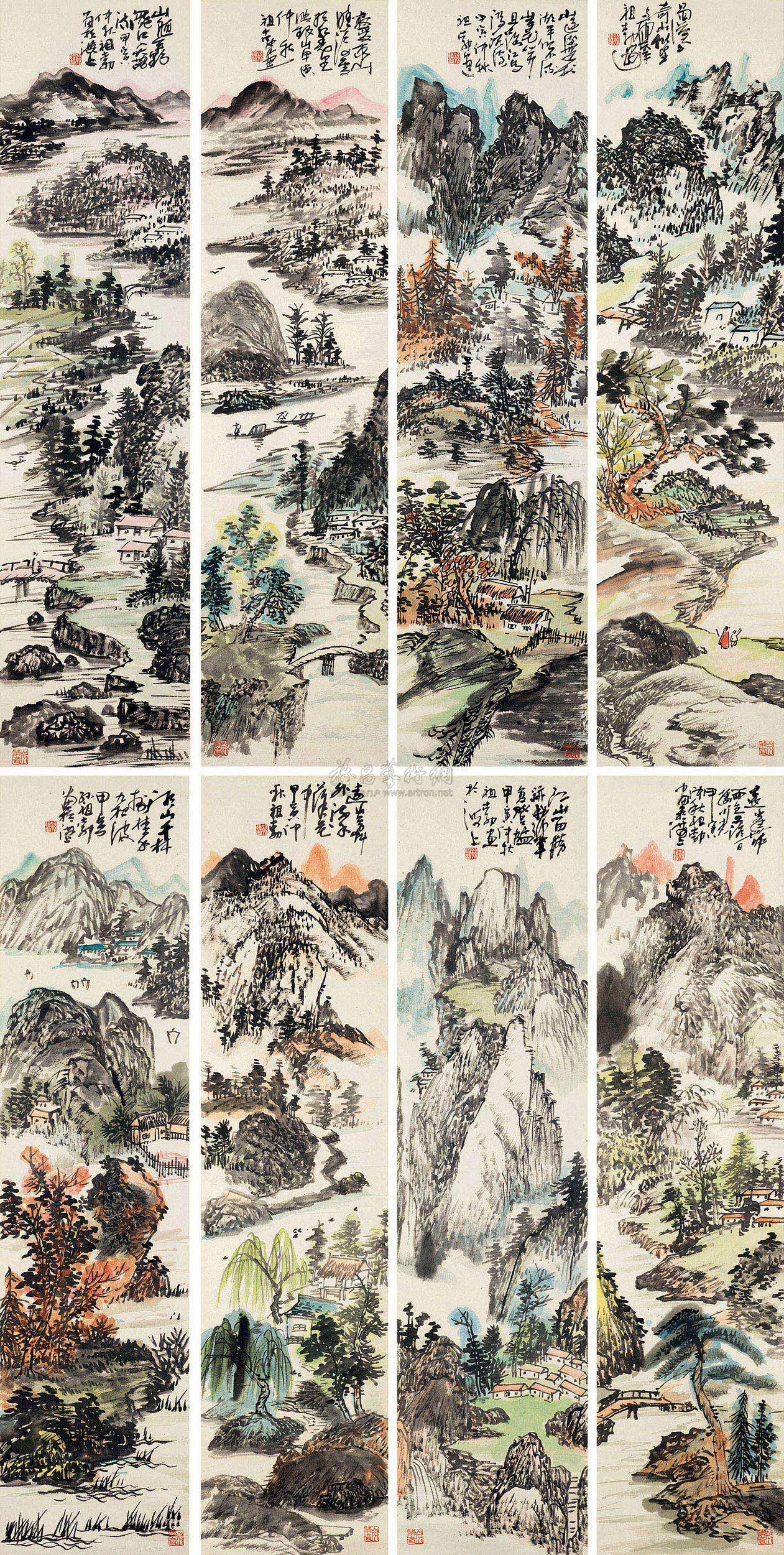 0108 山水画八条屏 立轴 设色纸本