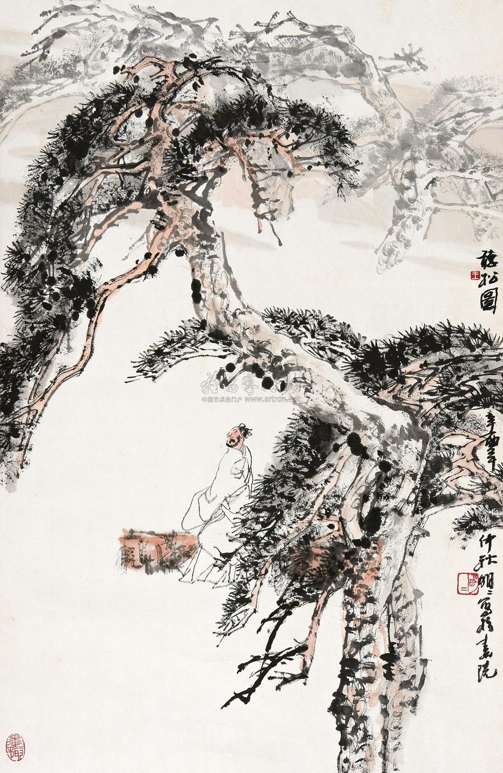 0223 听松图 立轴 设色纸本