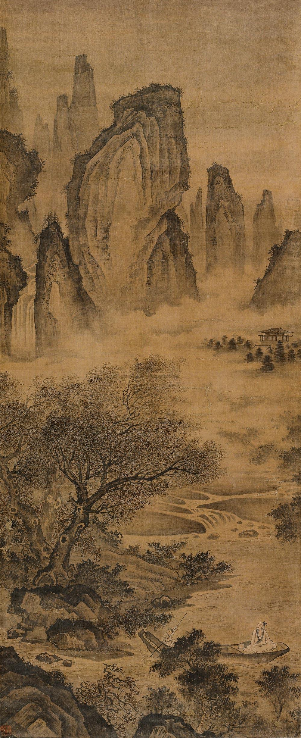 1283春江泛舟立轴设色绢本