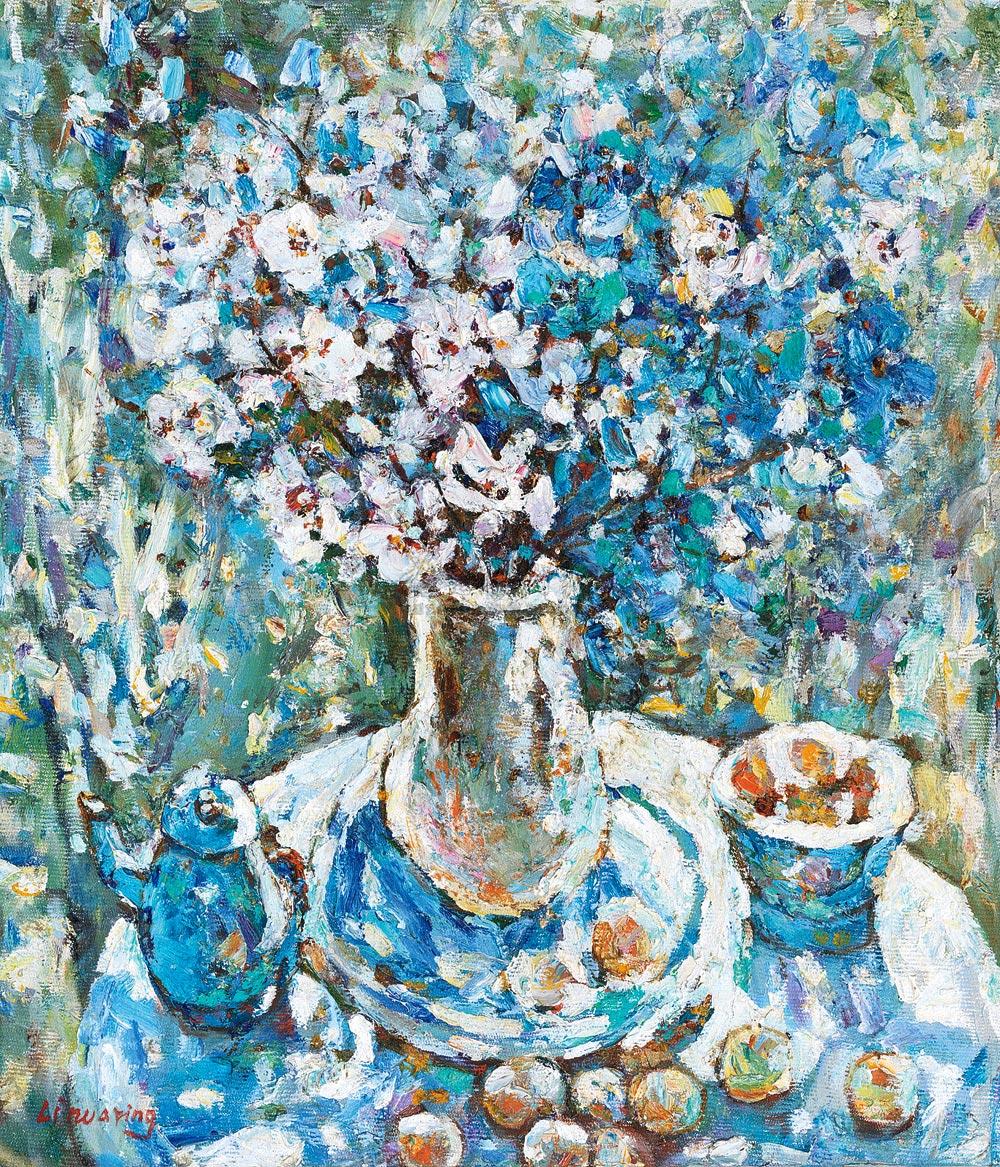 1117 桌上的瓶花 布面油画