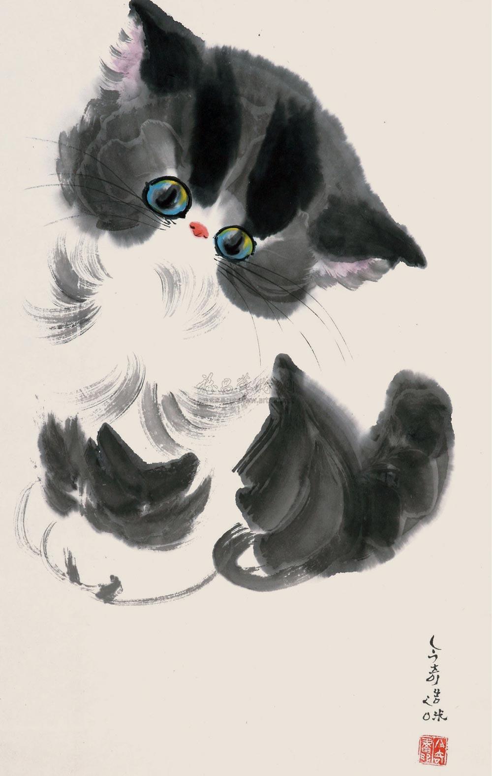 0503 猫戏图 立轴 设色纸本