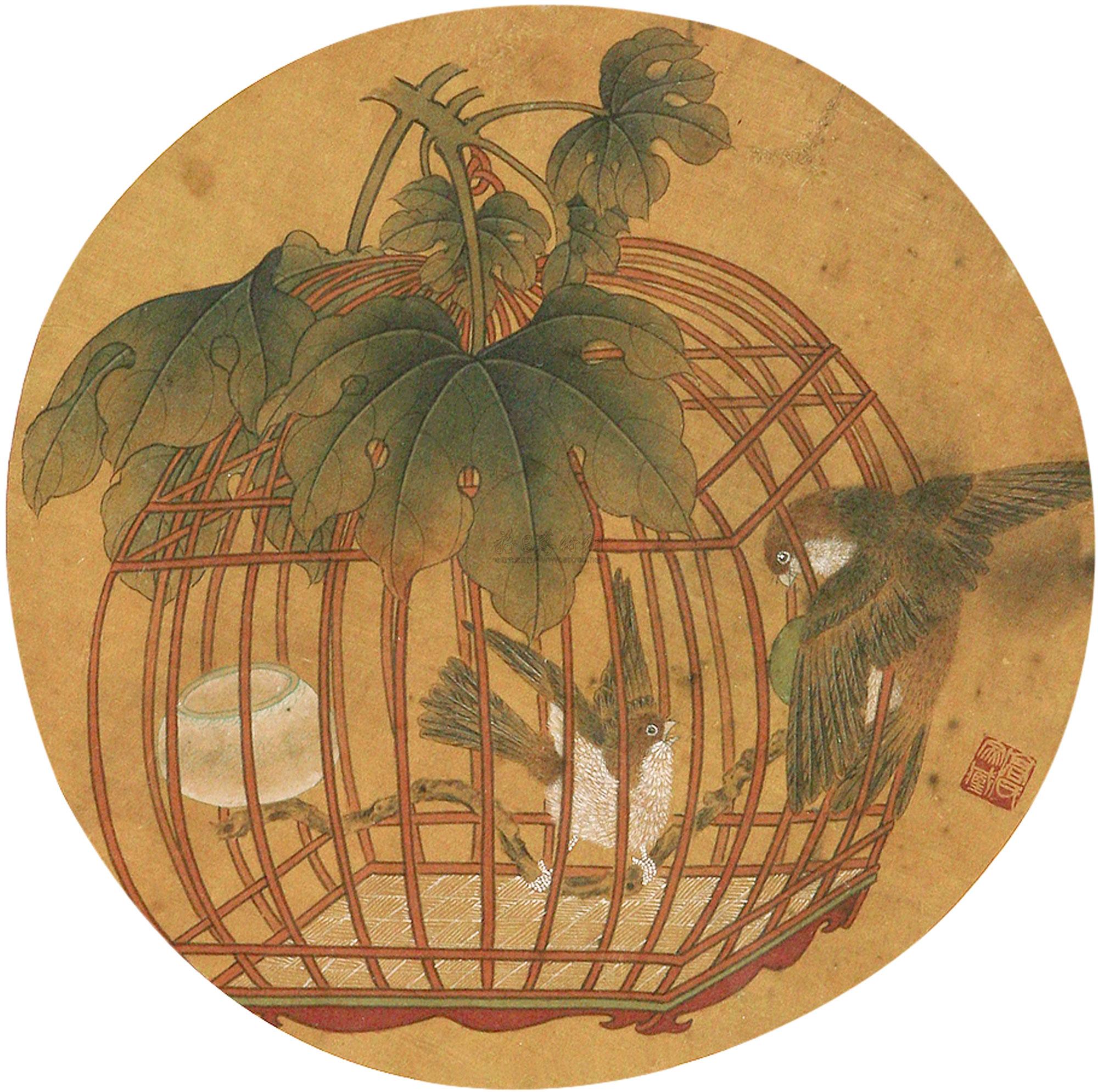 【笼鸟图 圆光 设色绢本】拍卖品_图片_价格_鉴赏_绘画_雅昌艺术品