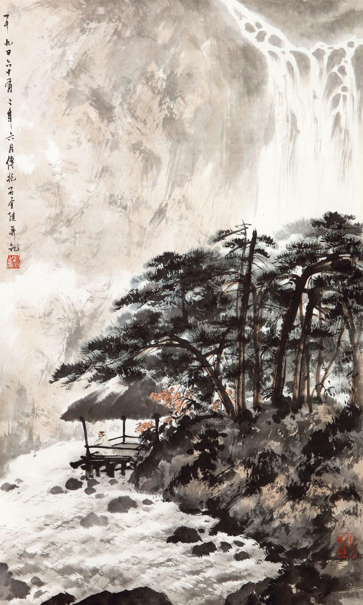 0511 草亭观水图 立轴 纸本