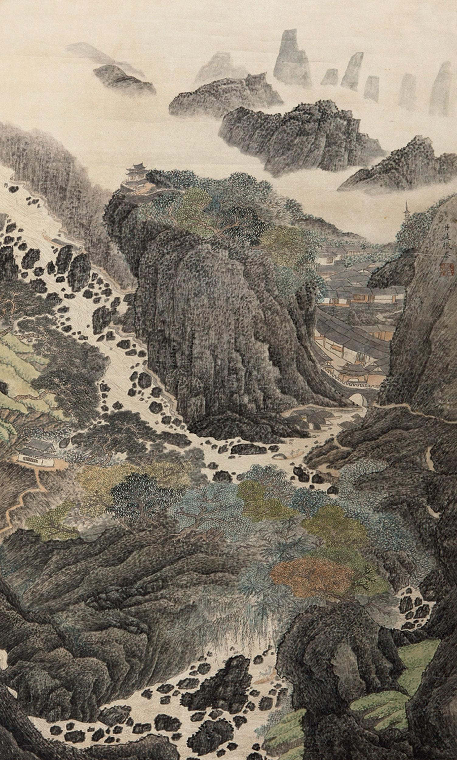 0186山水中堂立轴设色纸本