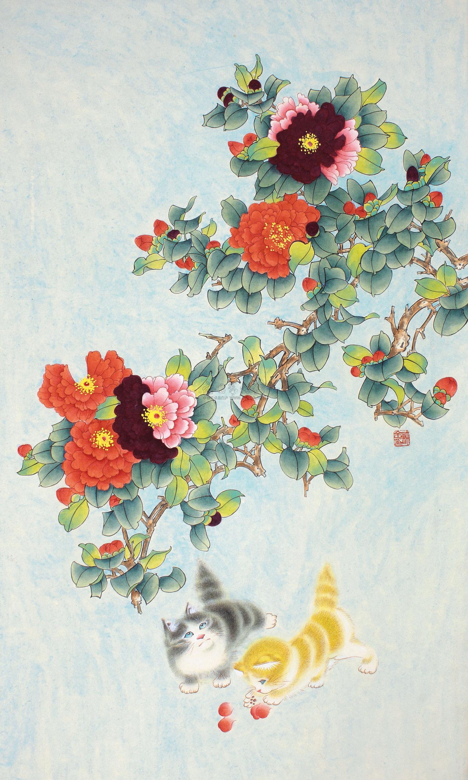 0129 猫戏牡丹 镜片 纸本