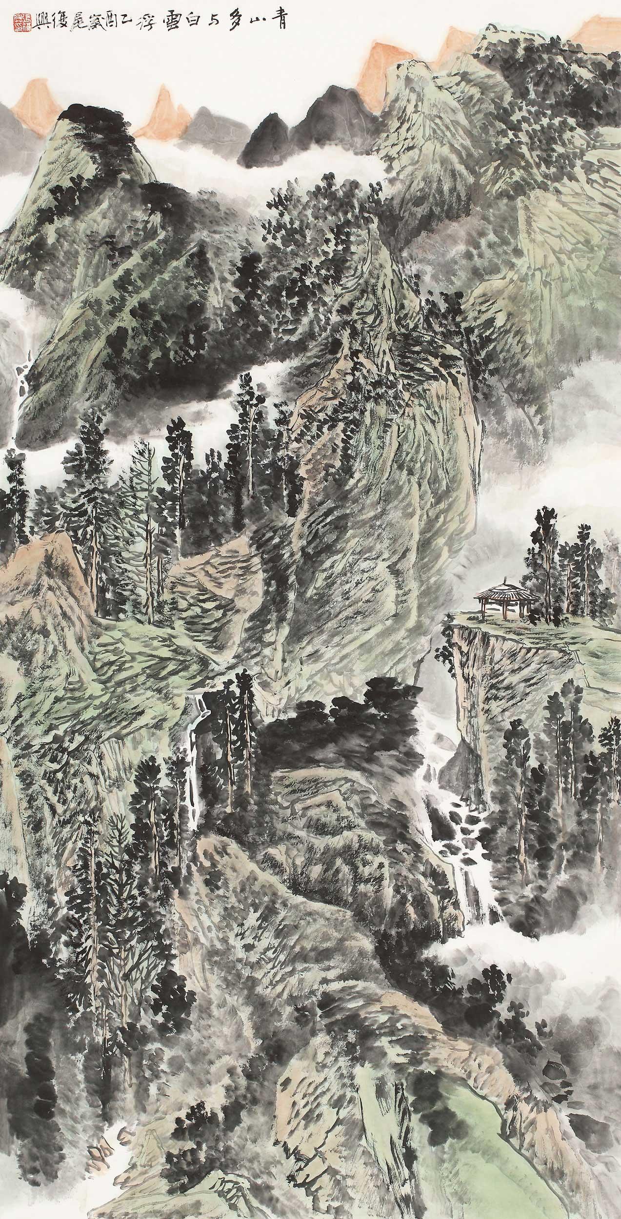 0448青山多与白云浮镜心设色纸本