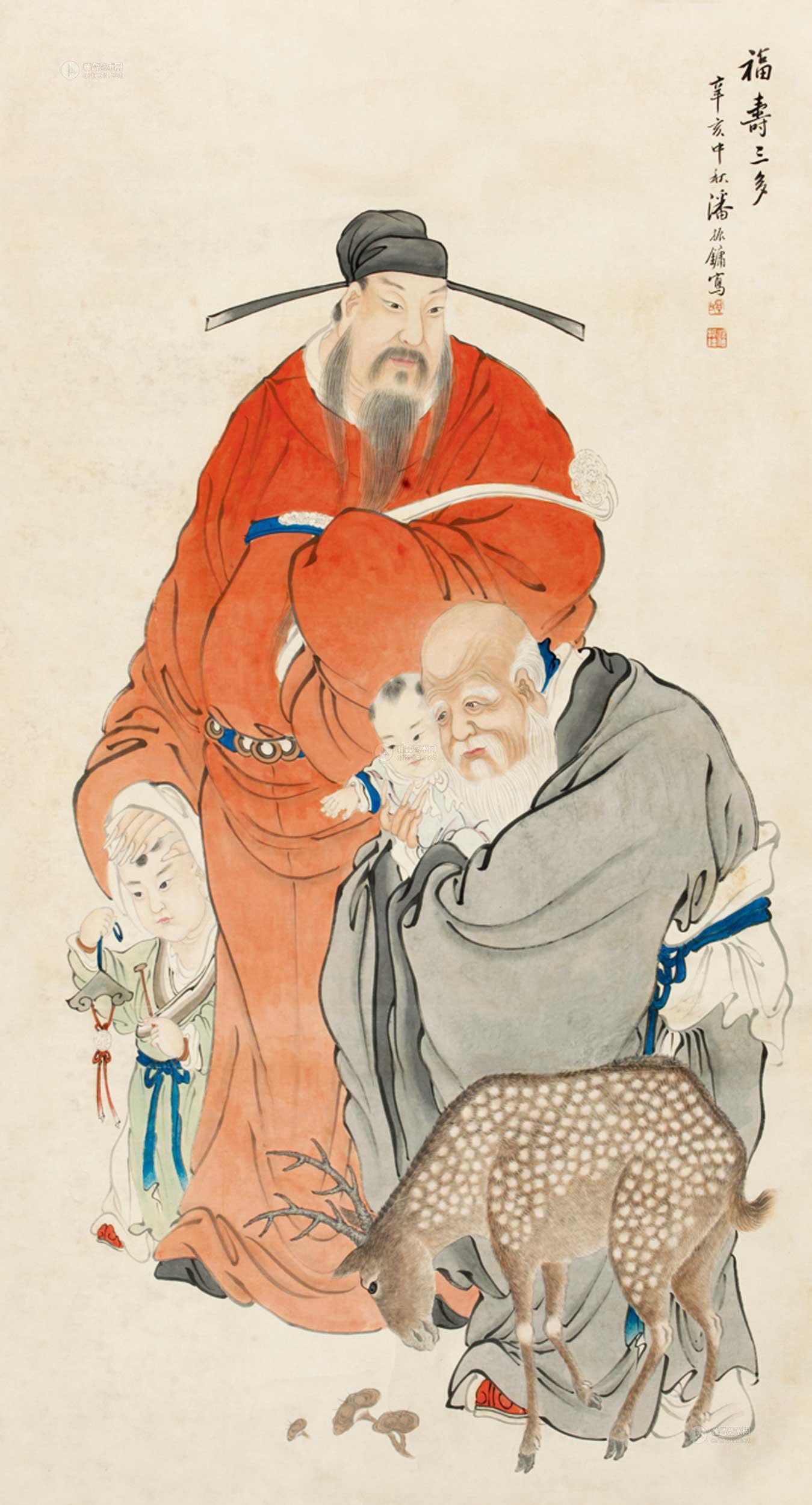 1916福寿三多镜心设色纸本