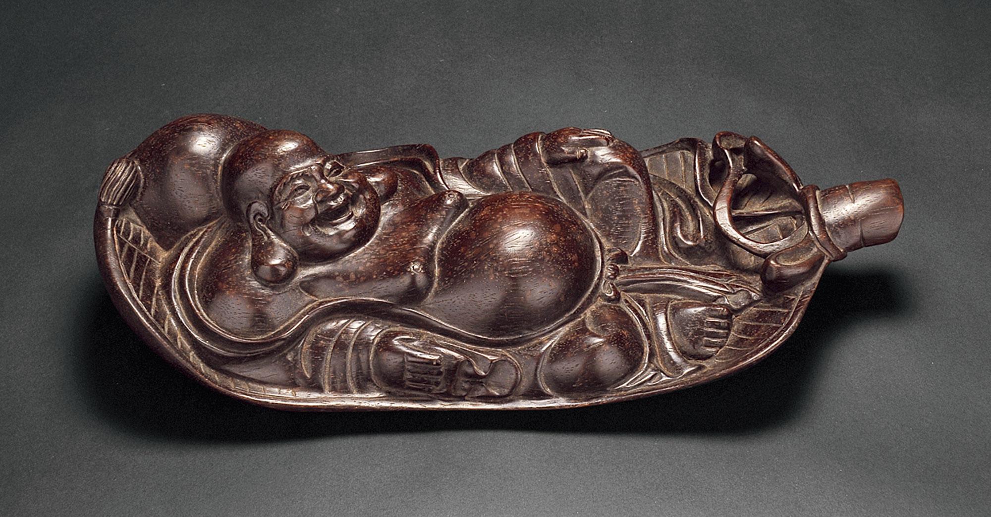 0398 清 紫檀木雕芭蕉扇形弥勒佛摆件