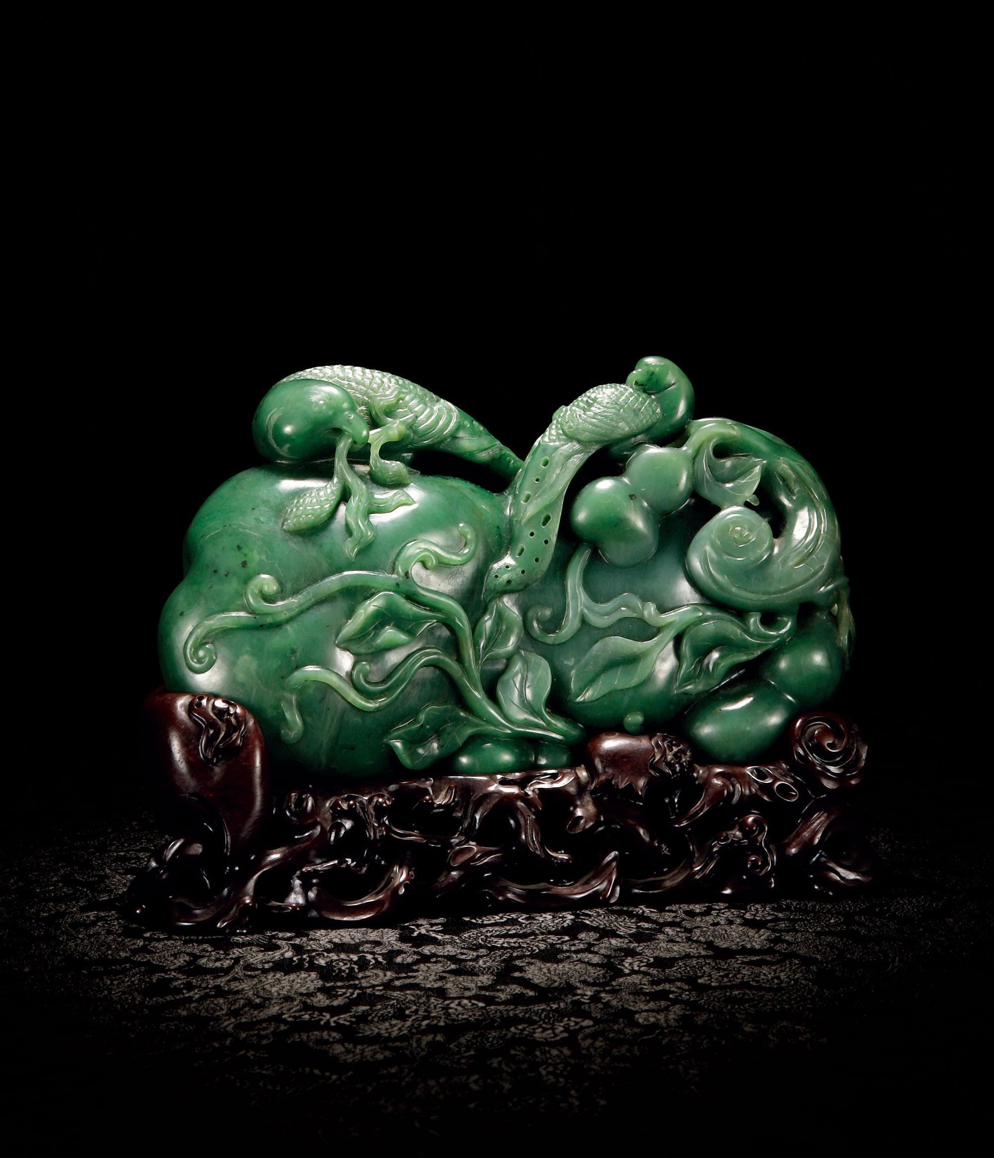 2091碧玉雕绶带鸟吉祥葫芦摆件