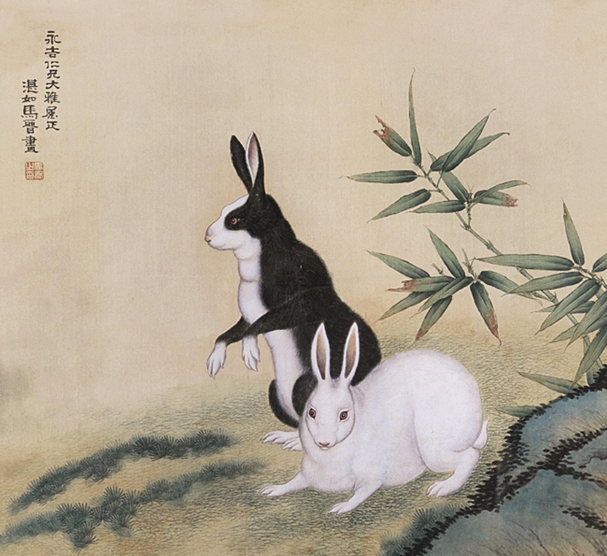 0302双兔立轴绢本