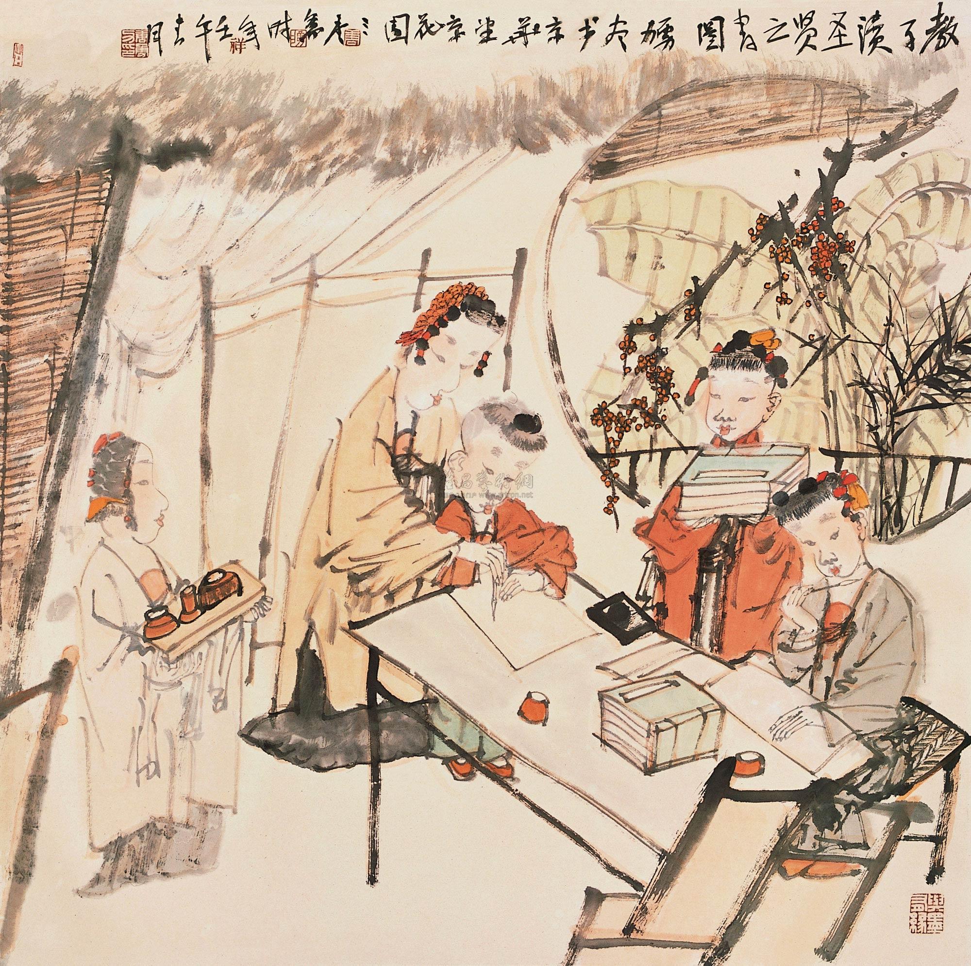 03942002年作教子读圣贤之书图立轴设色纸本