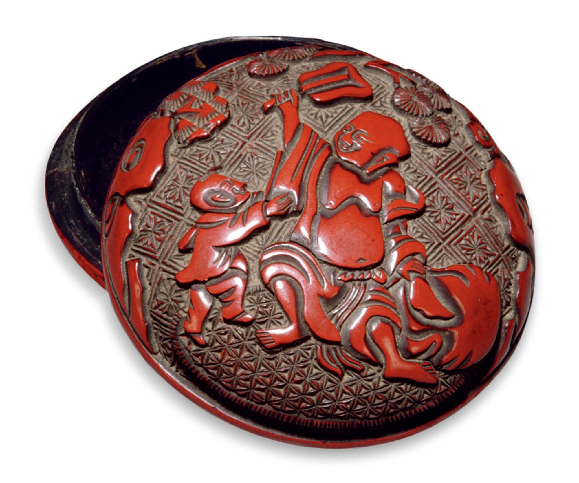 0681 明 红雕漆禄寿香合