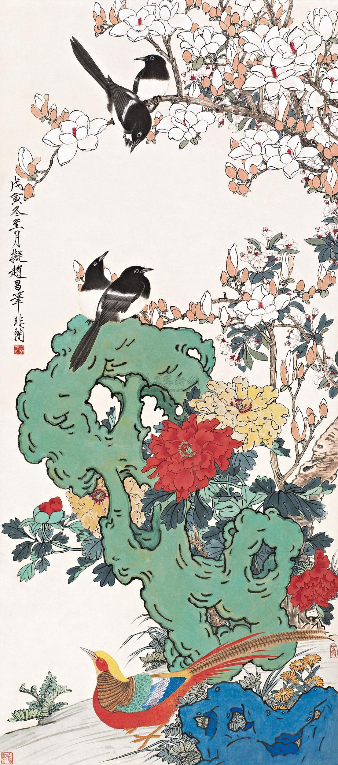 【戊寅(1938年)作 四喜图 立轴 设色纸本】拍卖品_图片_价格_鉴赏_绘画_雅昌艺术品拍卖网