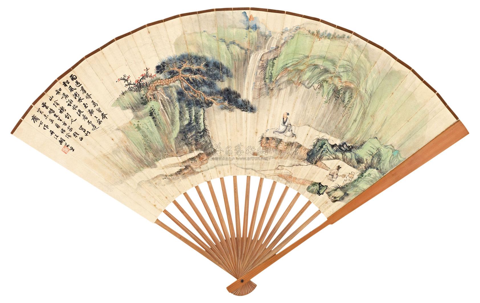 0733癸未1943年作松风高士宋词三首成扇设色纸本水墨冷金笺