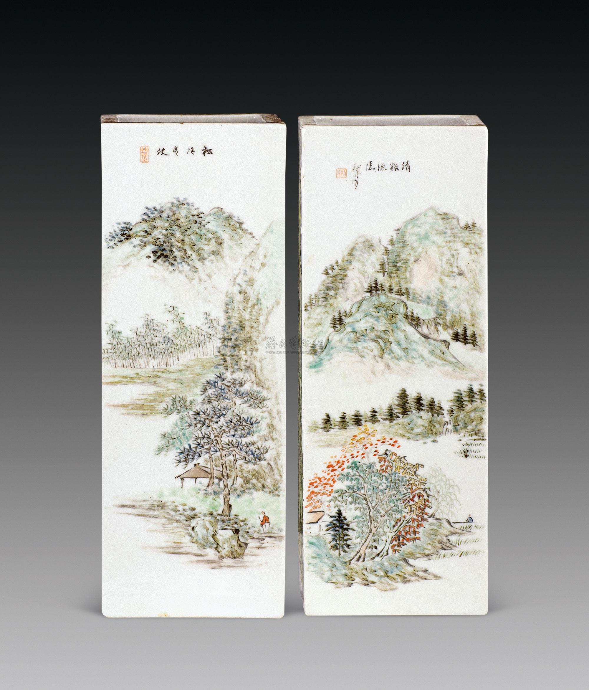0032清代王昭明浅绛四方山水帽筒清代瓷一对