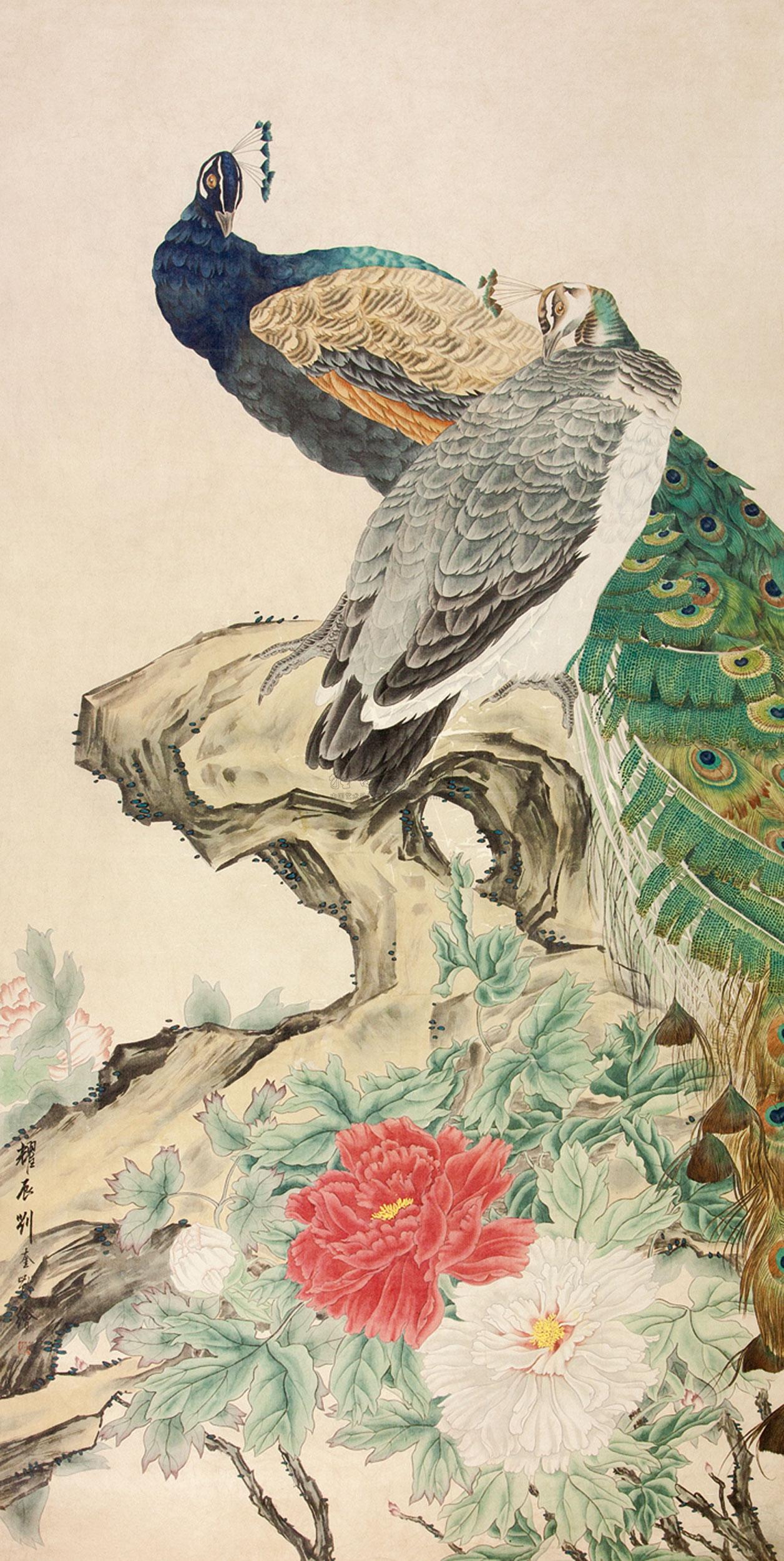 0098孔雀牡丹图镜心绢本