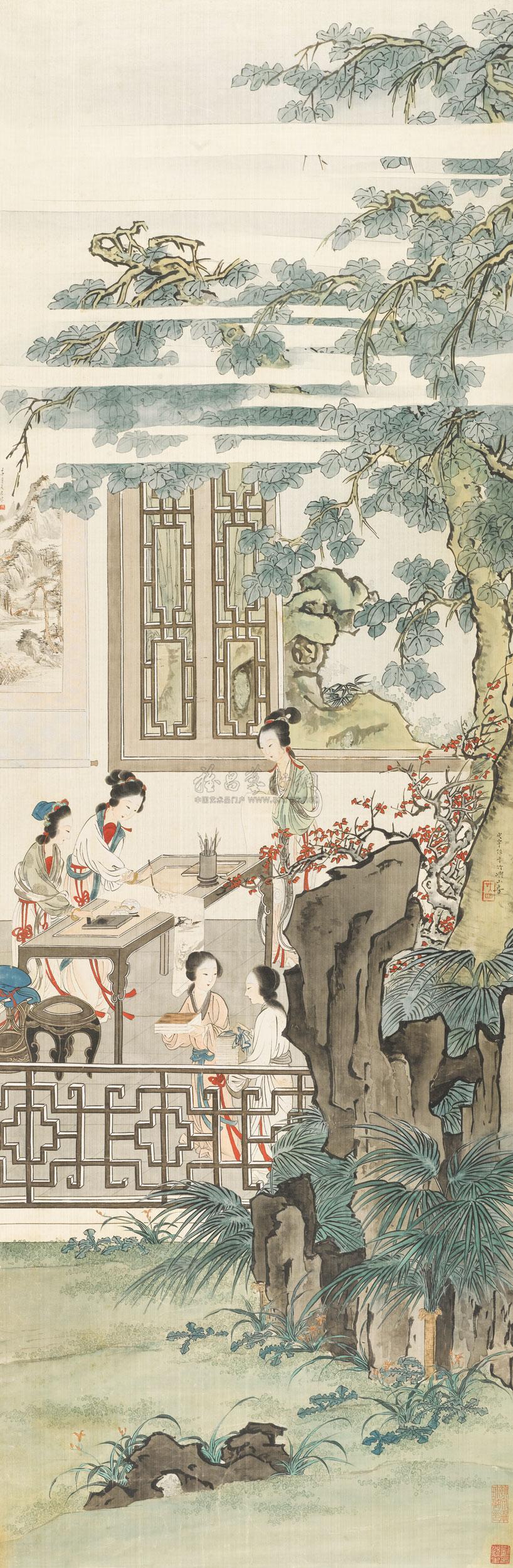 1899 1932年作 惜春作画图 立轴 绢本