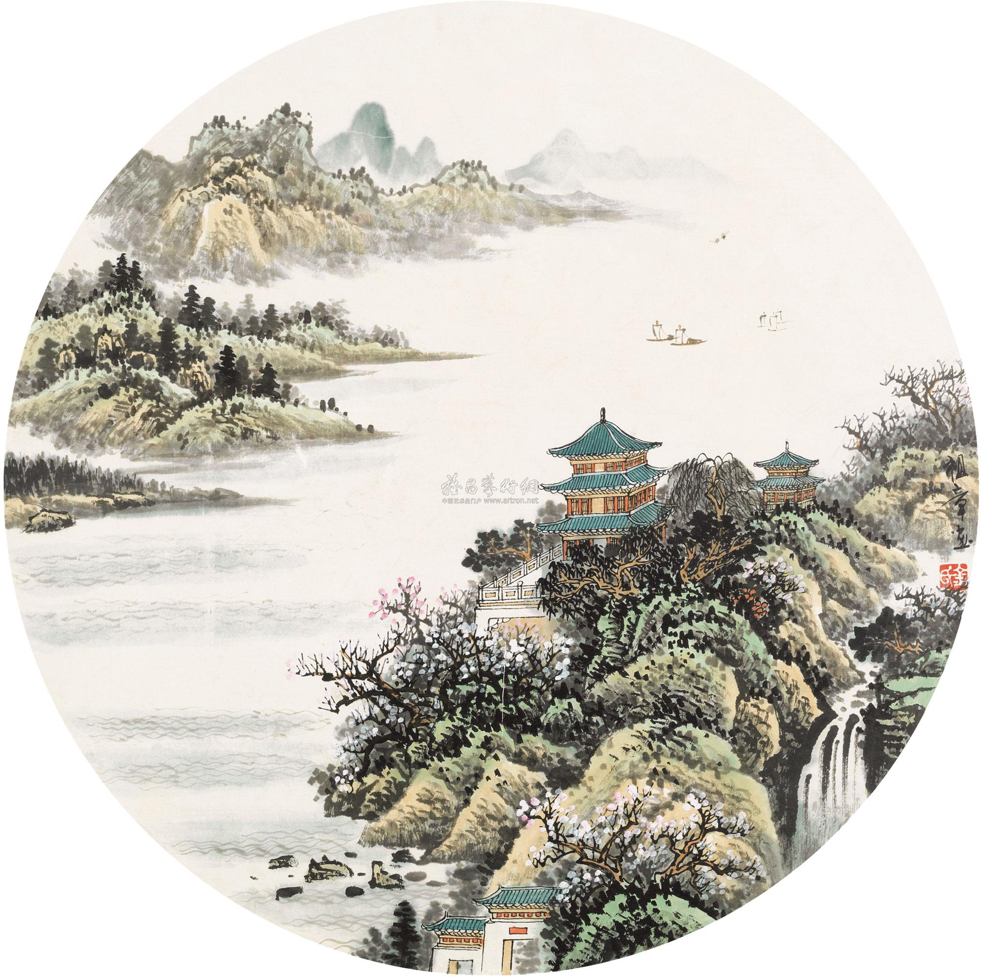 0017溪山楼阁图镜心带框设色纸本