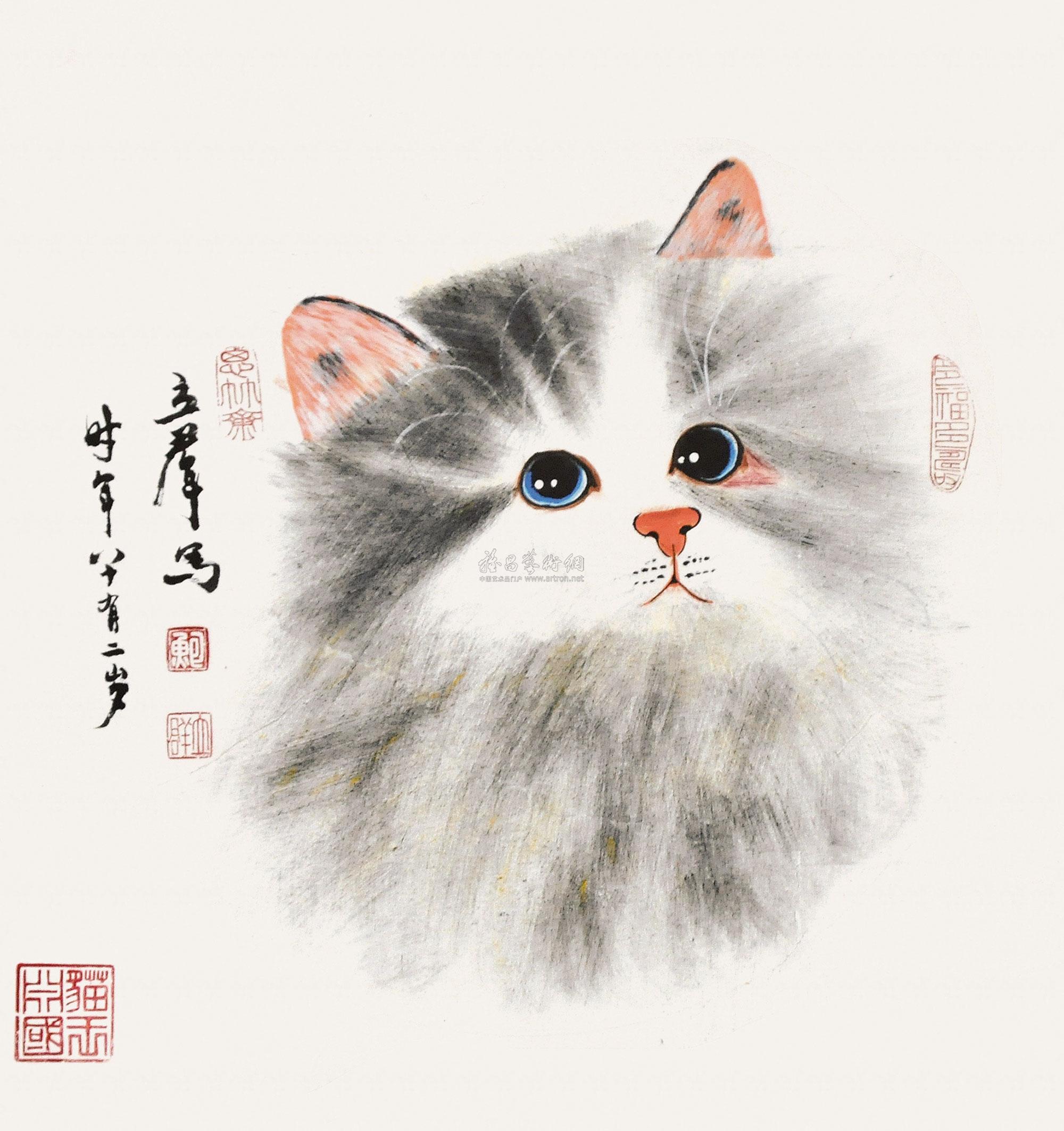 02002010年作猫头镜片设色纸本