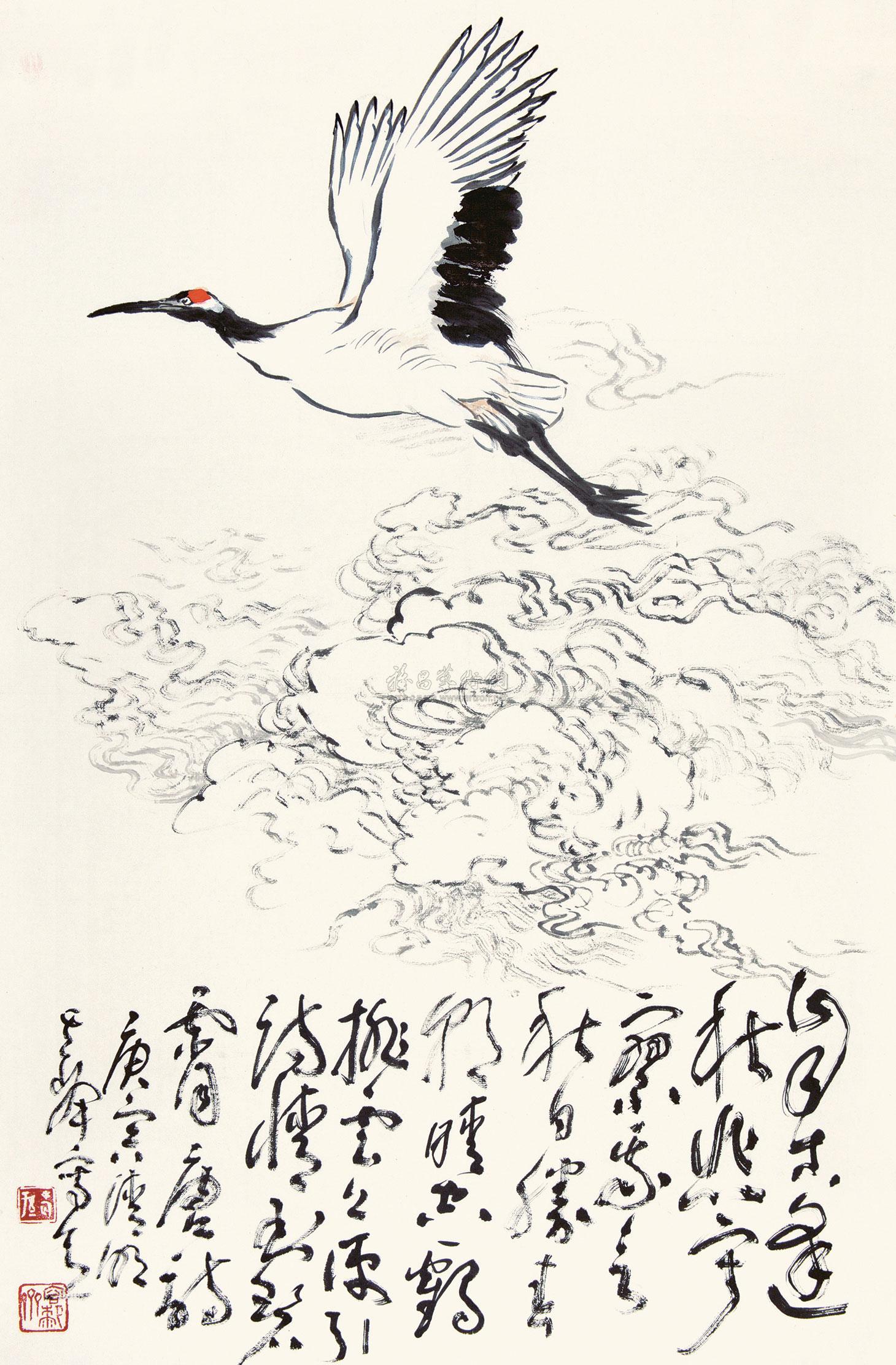 03662010年作云鹤图托片设色纸本